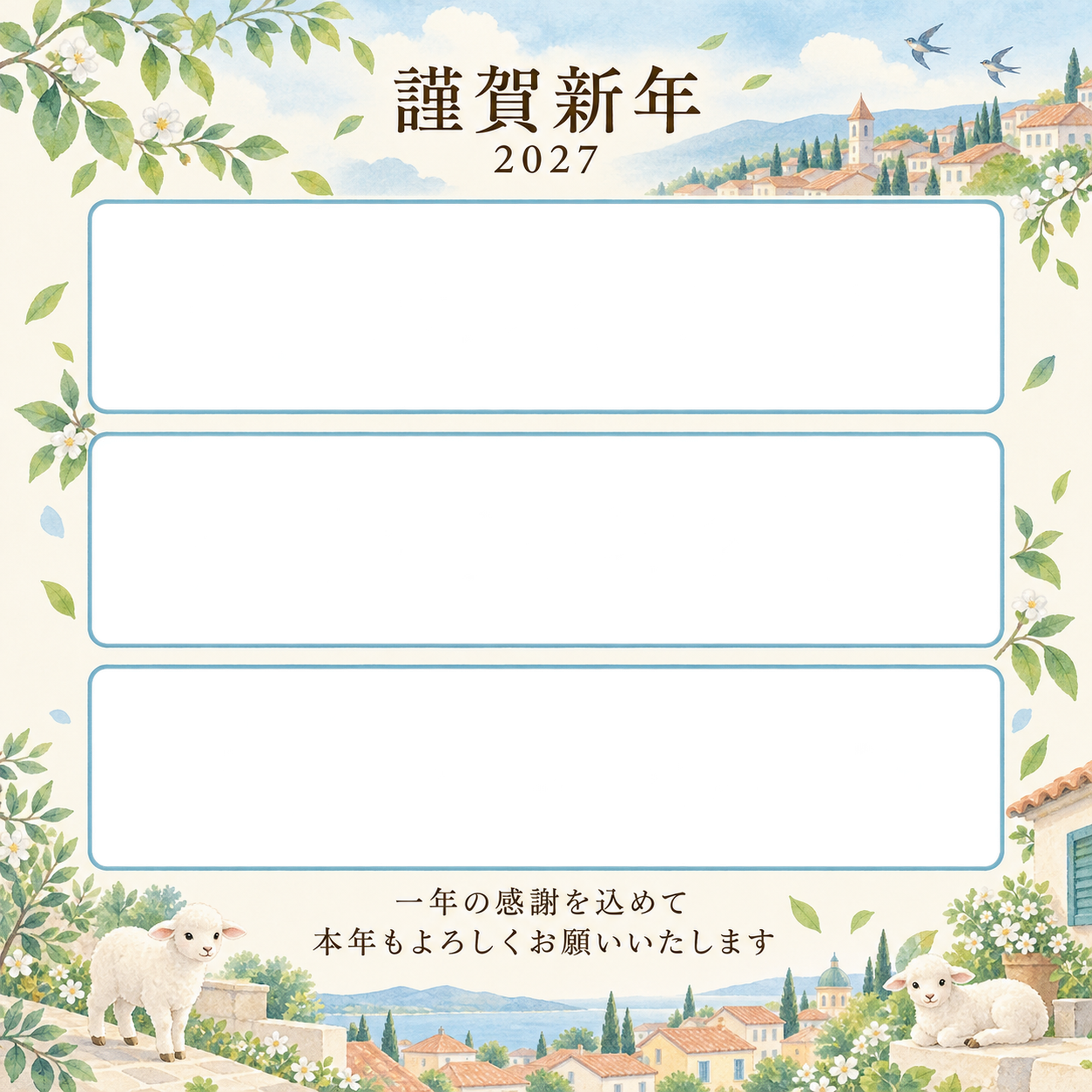 水色の朝・若葉の写真年賀状｜仕事の一年の無料イラスト素材 99691に写真・文字を入れる