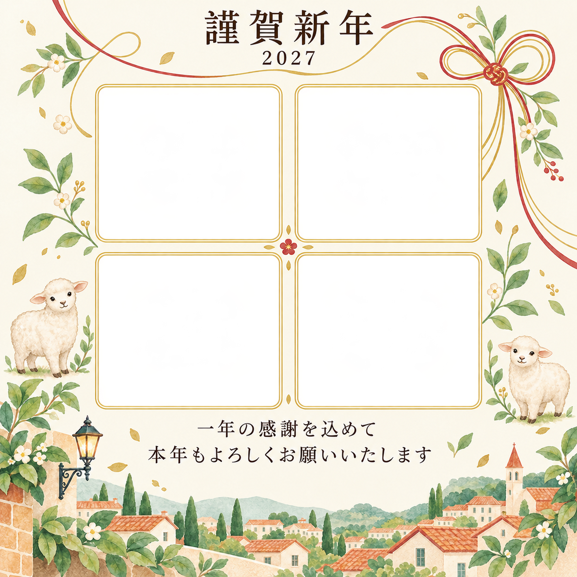祝う結び目・若葉の写真年賀状｜仕事の一年の無料イラスト素材 99693に写真・文字を入れる