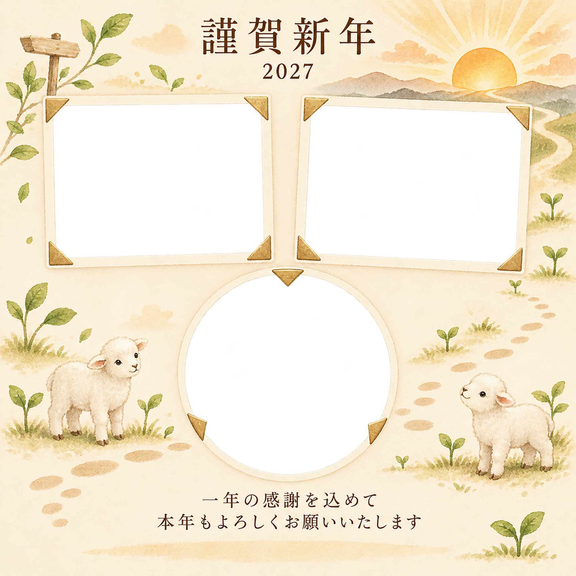 アルバムの一頁・朝日の写真年賀状｜仕事の一年の無料イラスト素材 99703に写真・文字を入れる