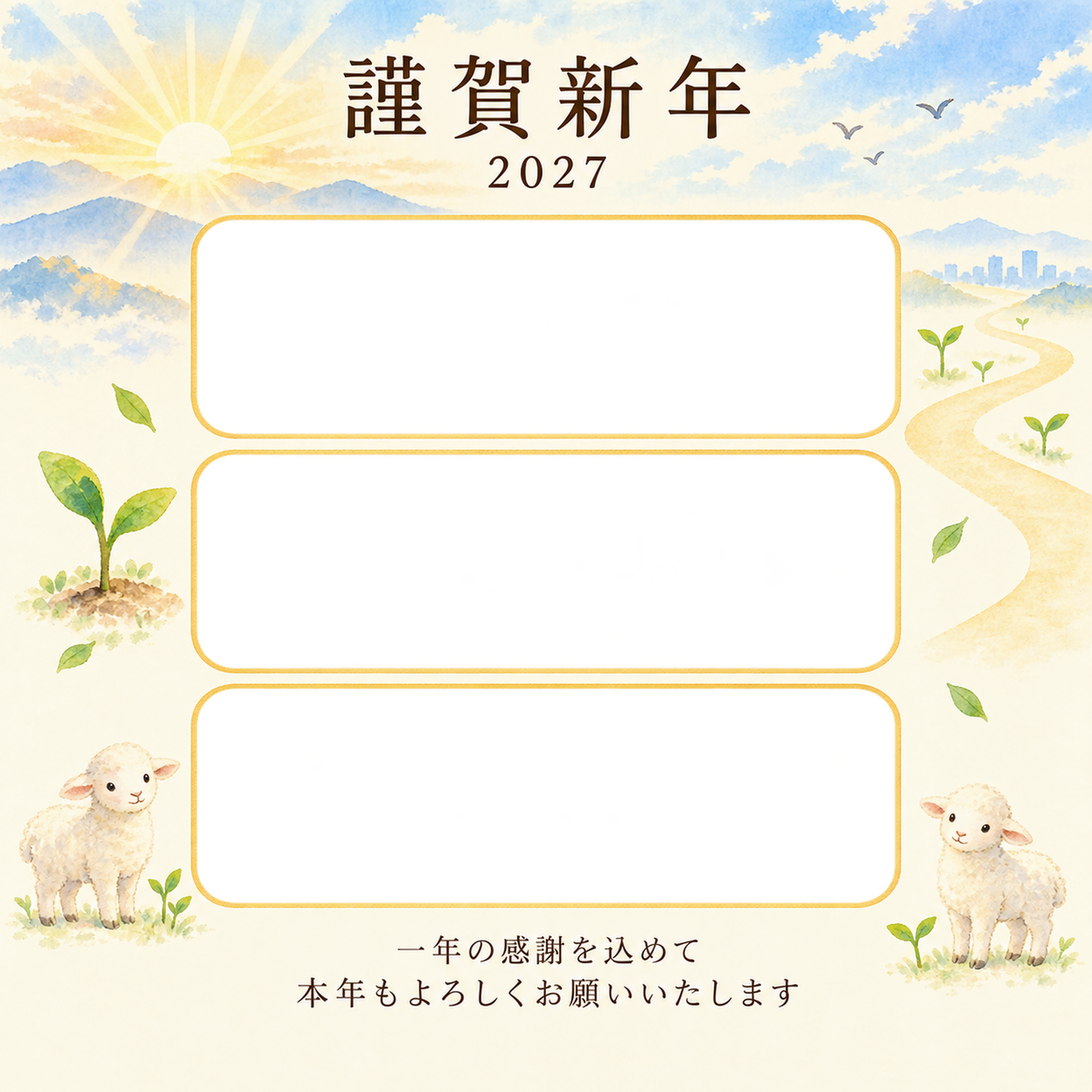 水色の朝・朝日の写真年賀状｜仕事の一年の無料イラスト素材 99704に写真・文字を入れる