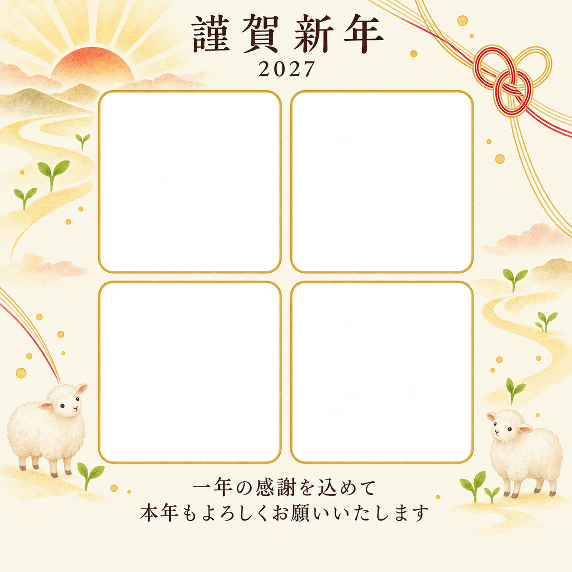 祝う結び目・朝日の写真年賀状｜仕事の一年の無料イラスト素材 99706に写真・文字を入れる