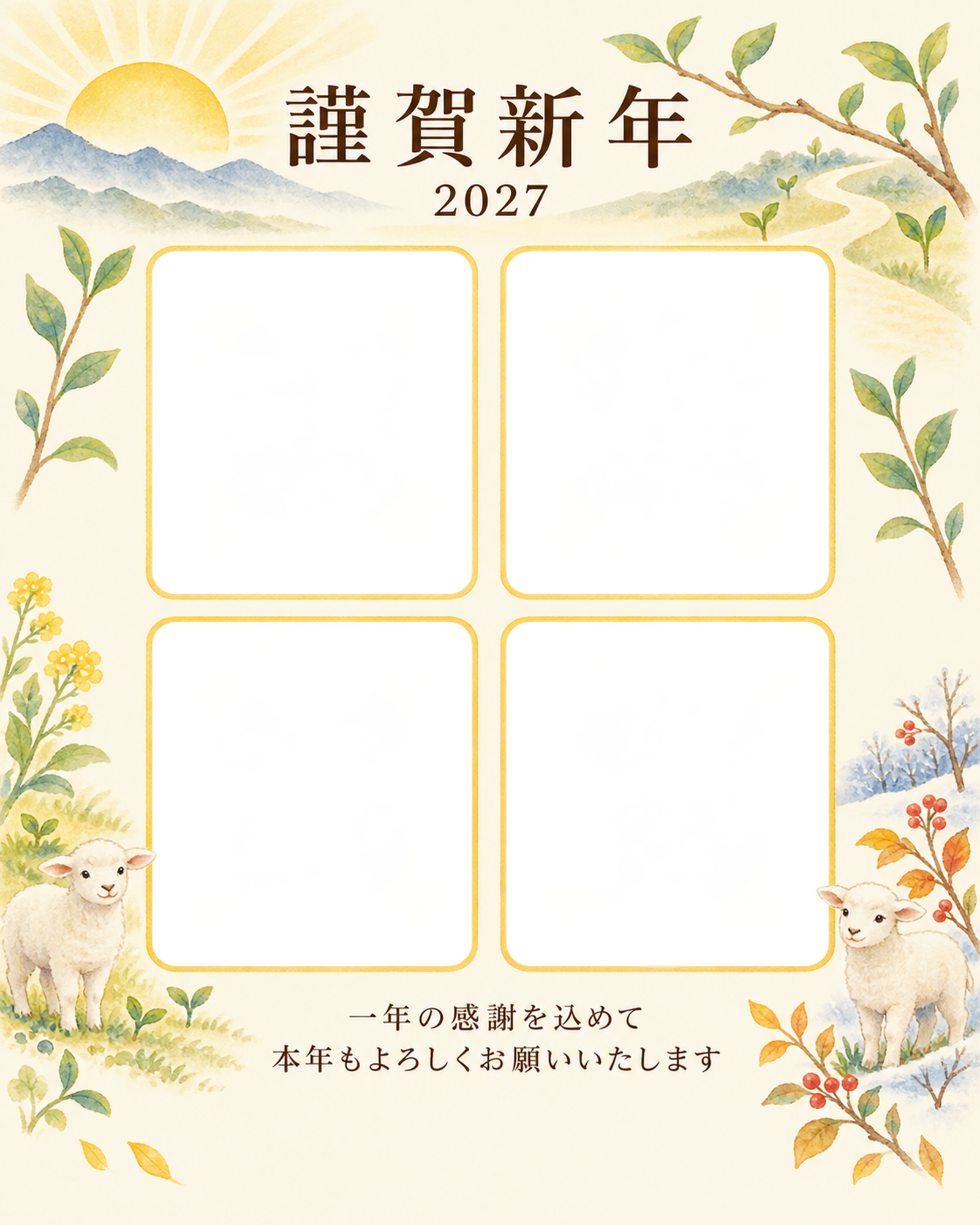 季節をつなぐ・朝日の写真年賀状｜仕事の一年の無料イラスト素材 99709に写真・文字を入れる