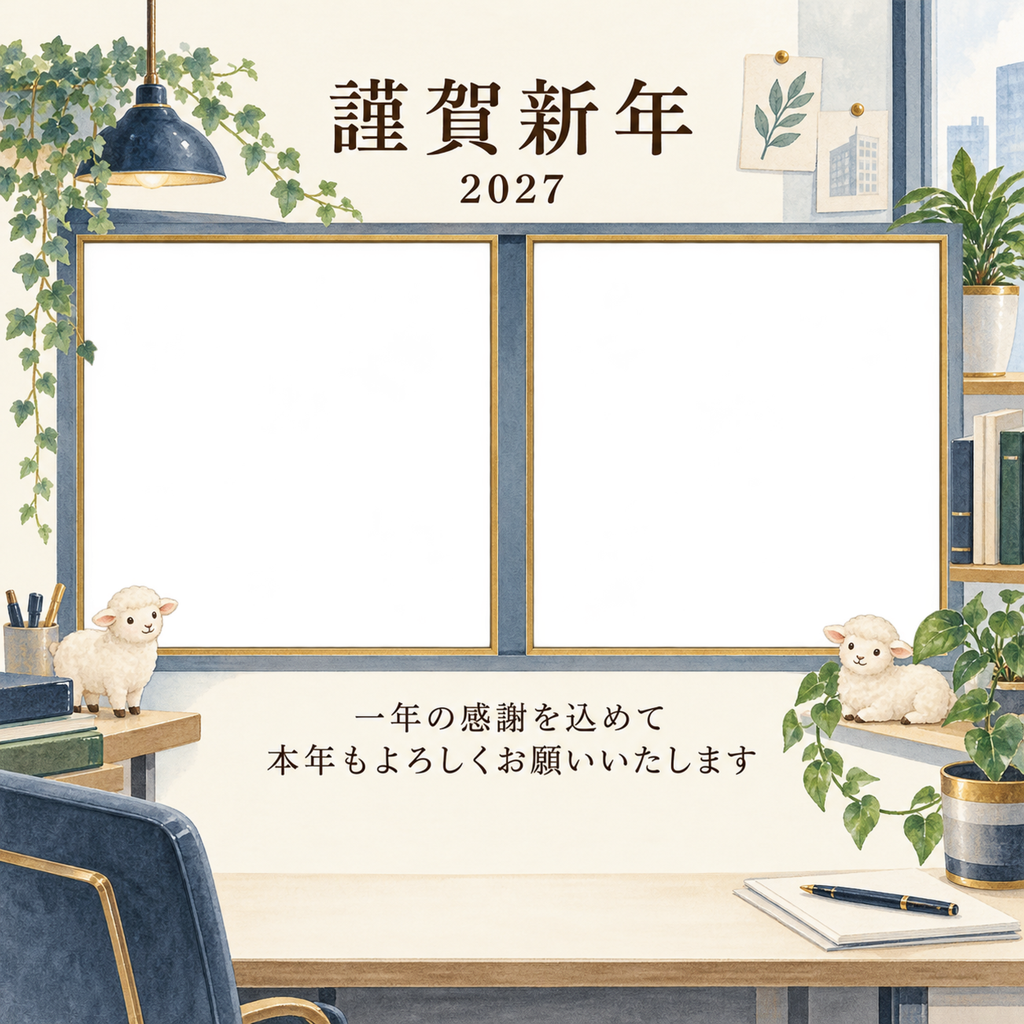 紺色の晴れやかさ・窓の写真年賀状｜仕事の一年の無料イラスト素材 99713に写真・文字を入れる