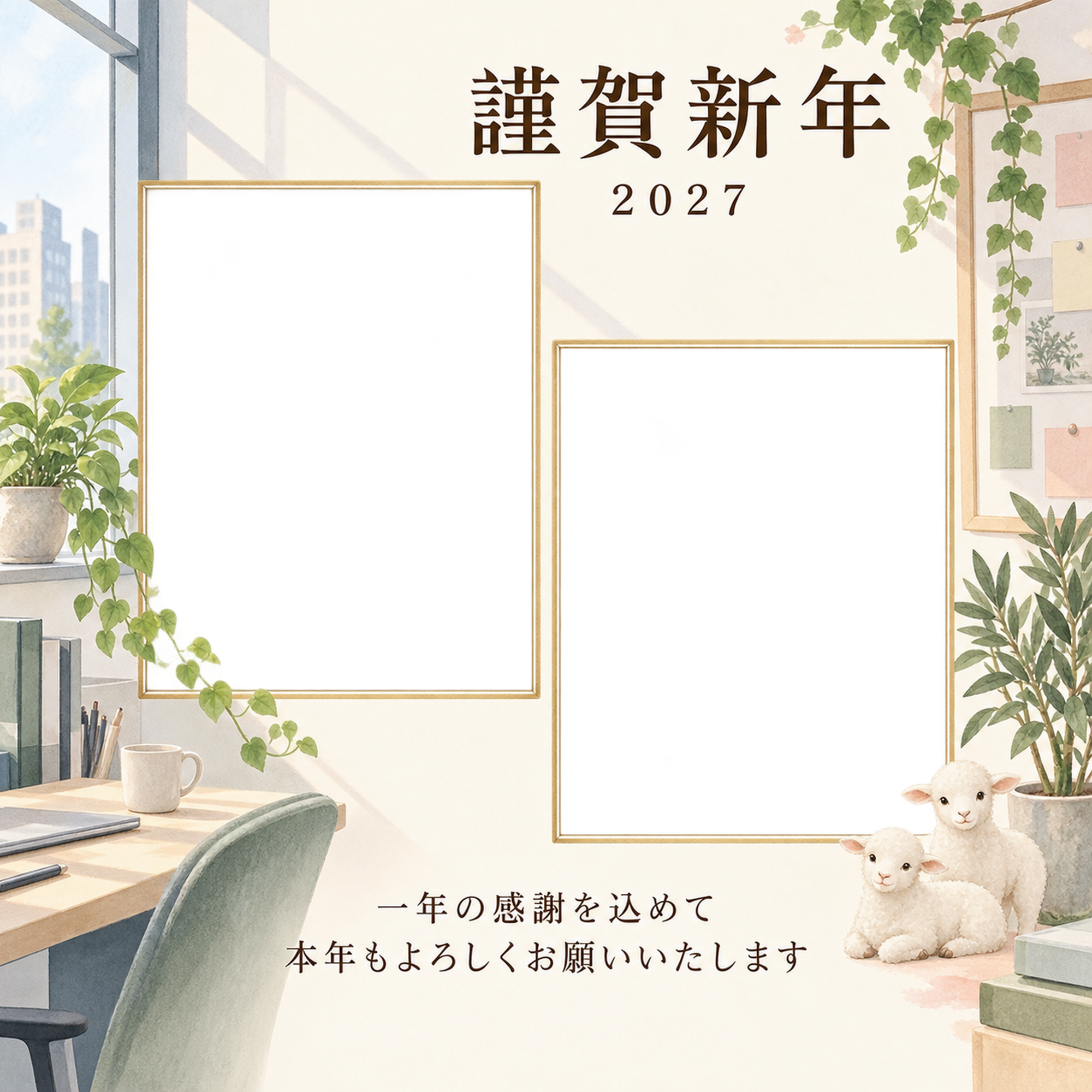 桃色のやさしさ・窓の写真年賀状｜仕事の一年の無料イラスト素材 99715に写真・文字を入れる