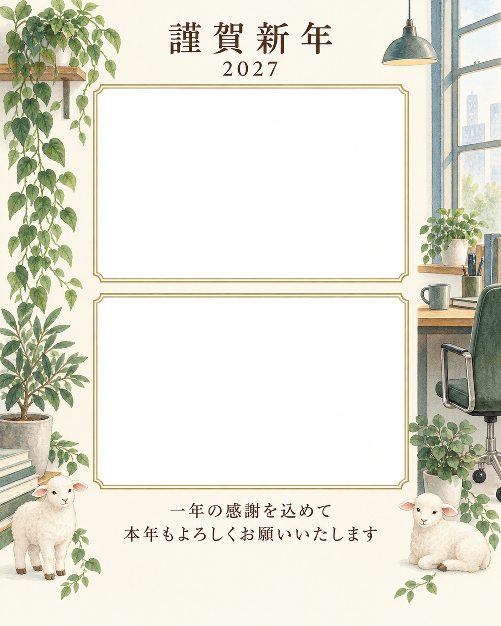縦の植物飾り・窓の写真年賀状｜仕事の一年の無料イラスト素材 99720に写真・文字を入れる