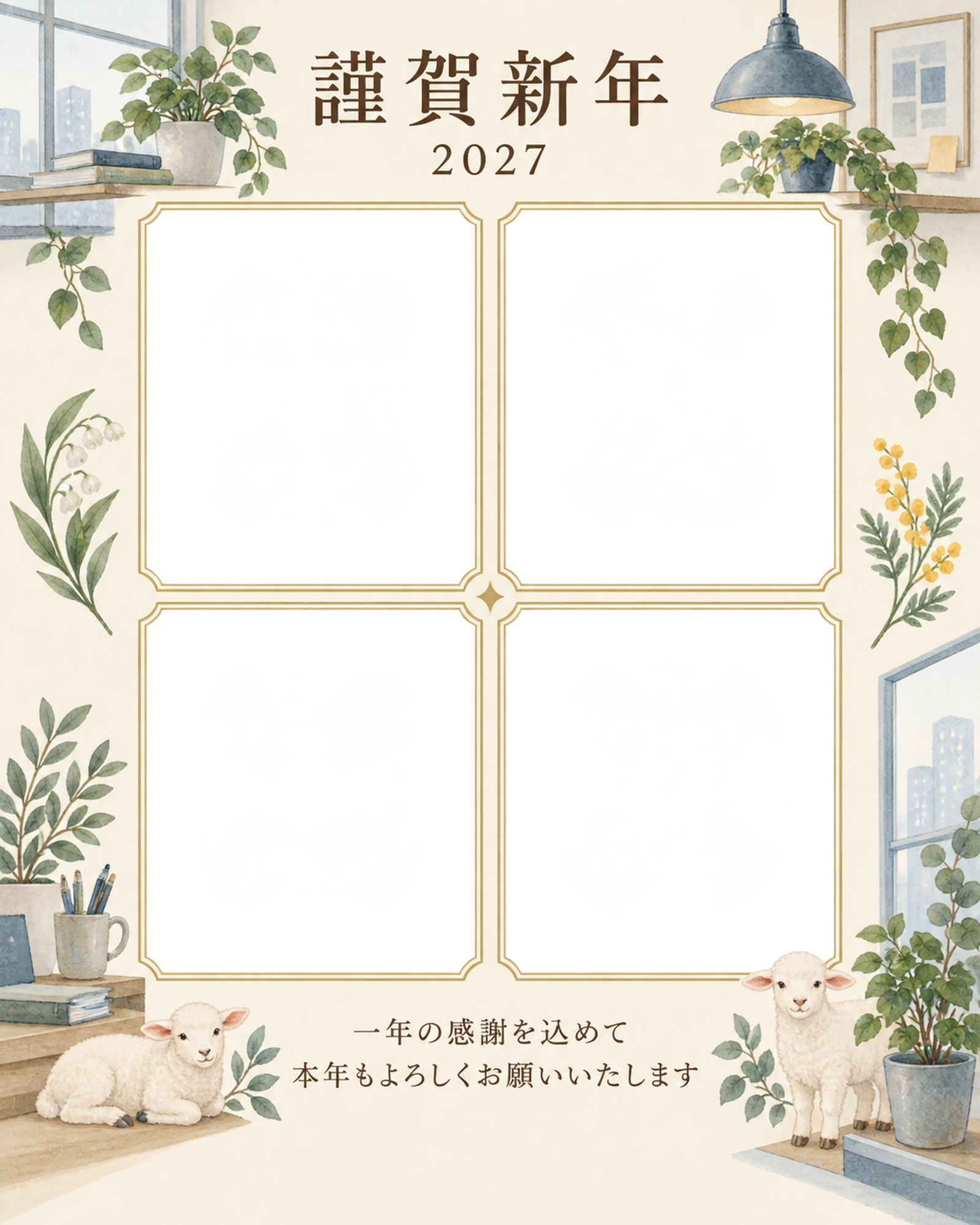 季節をつなぐ・窓の写真年賀状｜仕事の一年の無料イラスト素材 99722に写真・文字を入れる