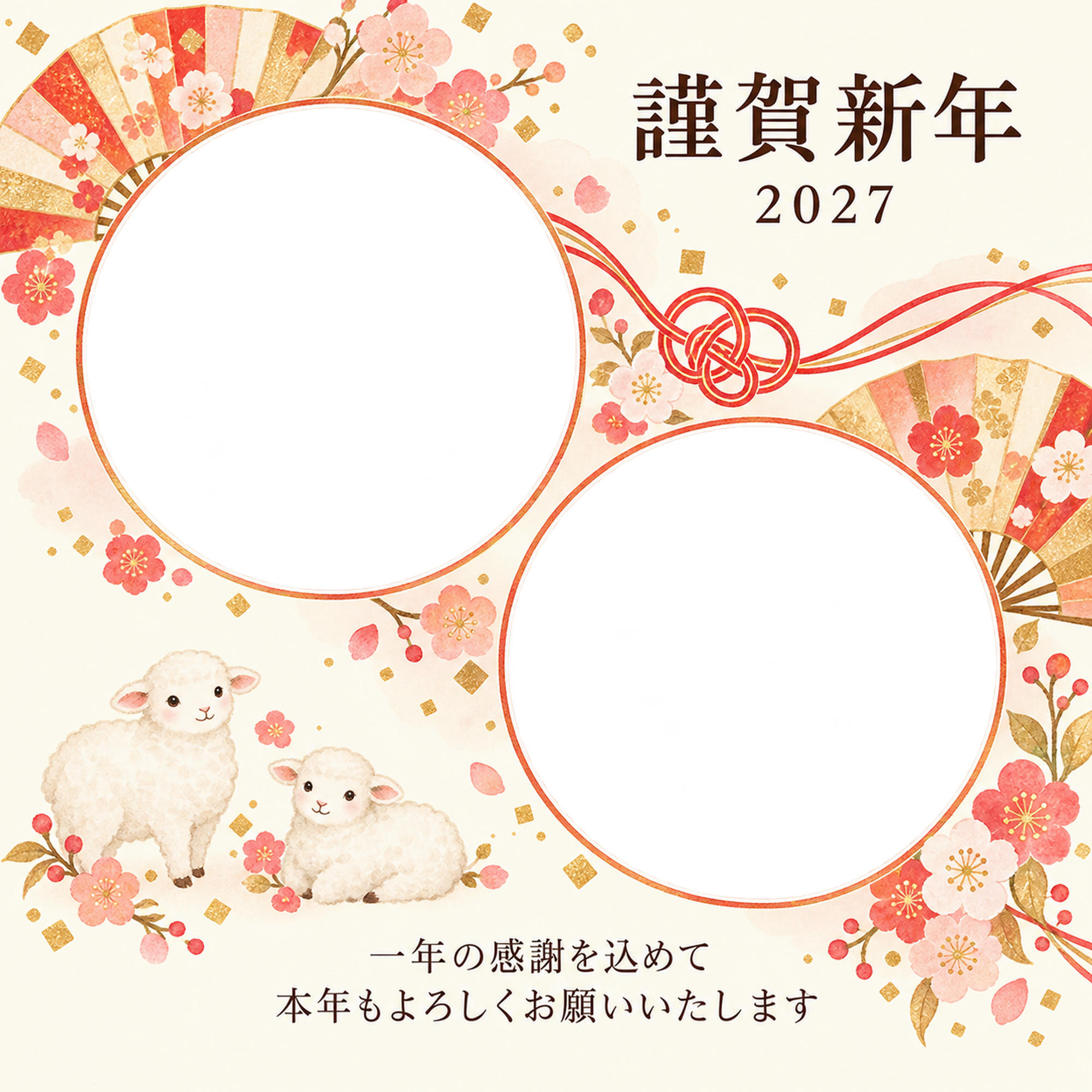 桃色のやさしさ・扇の写真年賀状｜仕事の一年の無料イラスト素材 99728に写真・文字を入れる