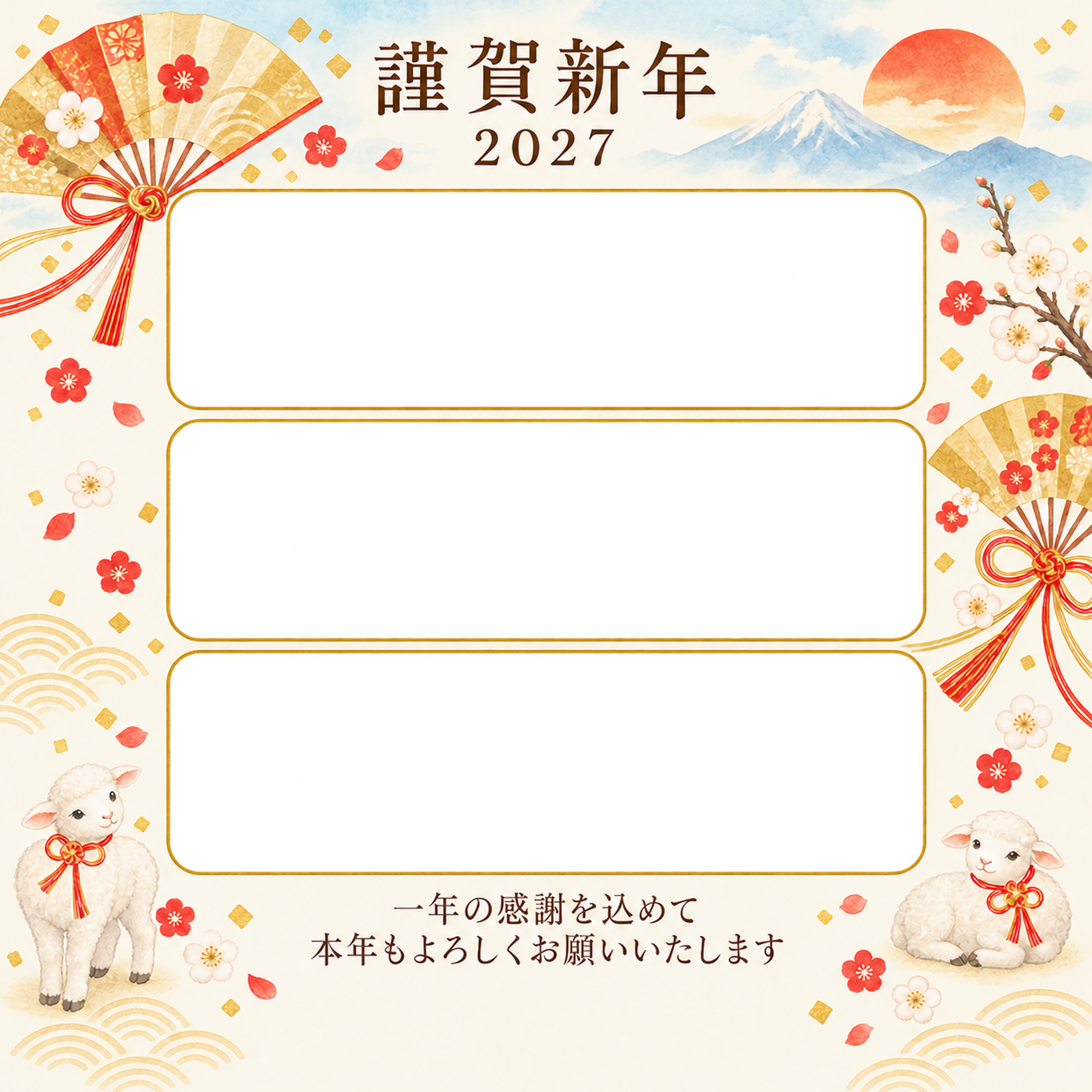 水色の朝・扇の写真年賀状｜仕事の一年の無料イラスト素材 99730に写真・文字を入れる