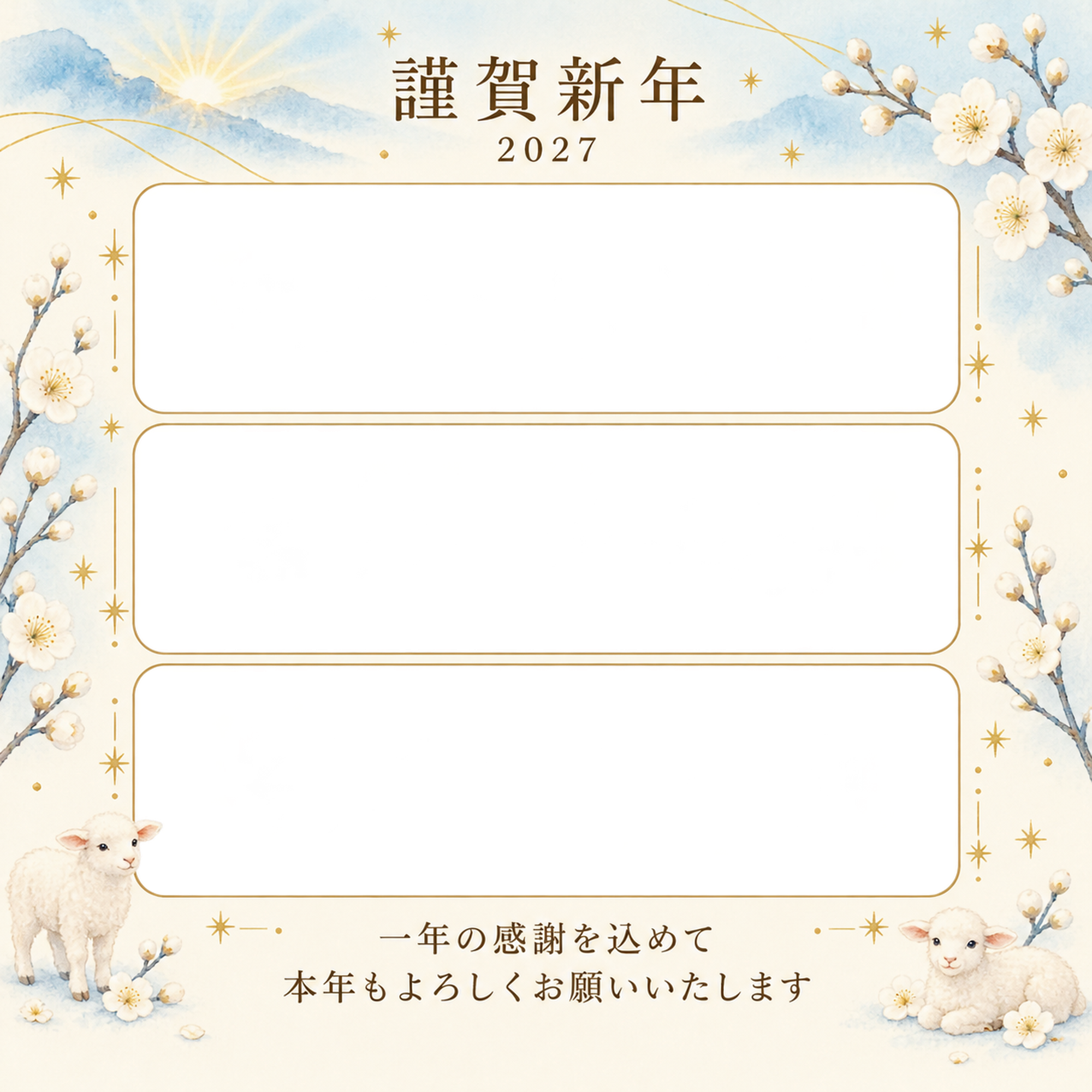 水色の朝・白梅の写真年賀状｜仕事の一年の無料イラスト素材 99743に写真・文字を入れる