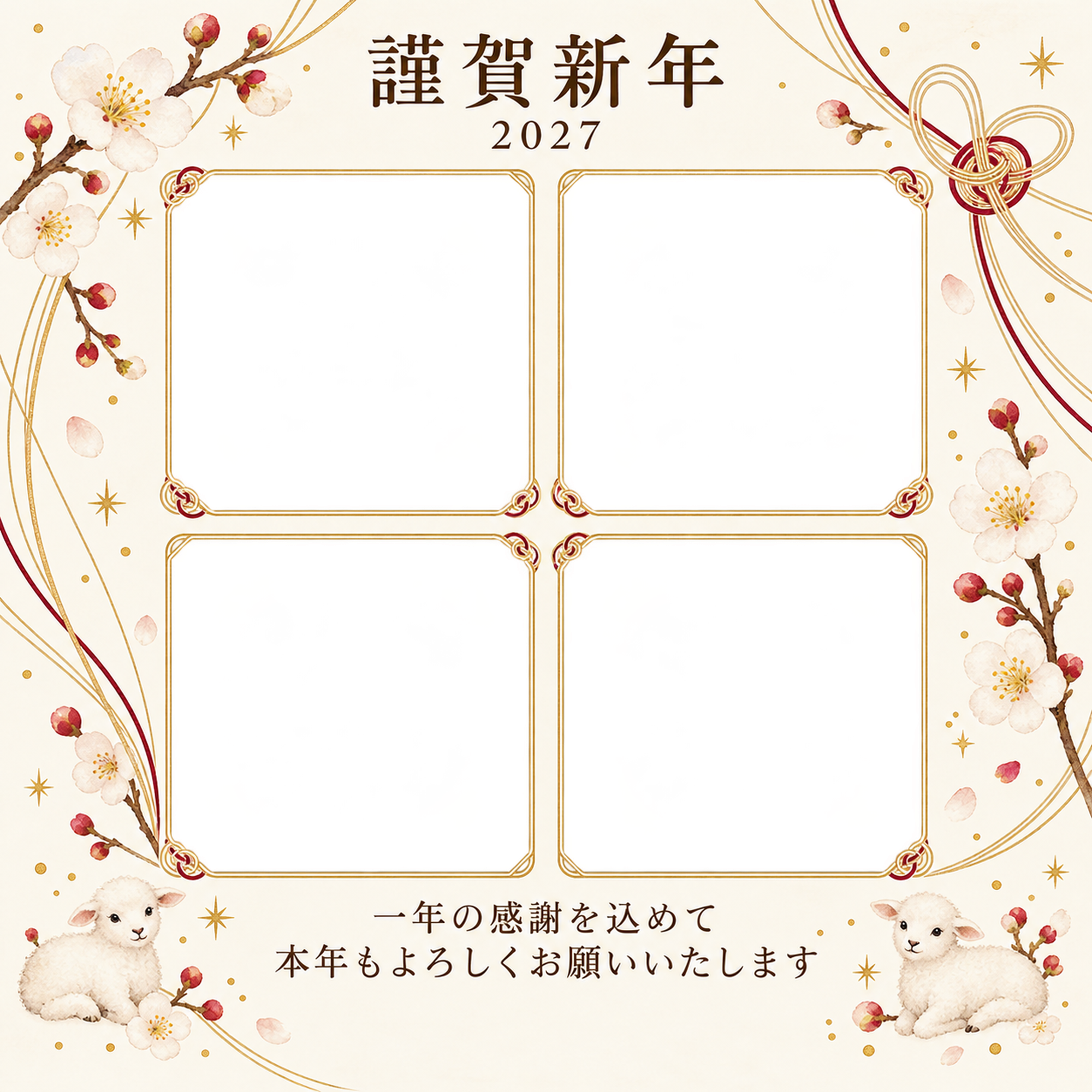 祝う結び目・白梅の写真年賀状｜仕事の一年の無料イラスト素材 99745に写真・文字を入れる