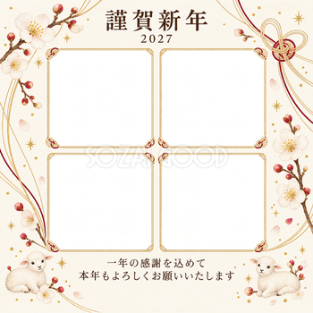 祝う結び目・白梅の写真年賀状｜仕事の一年の無料イラスト素材 99745
