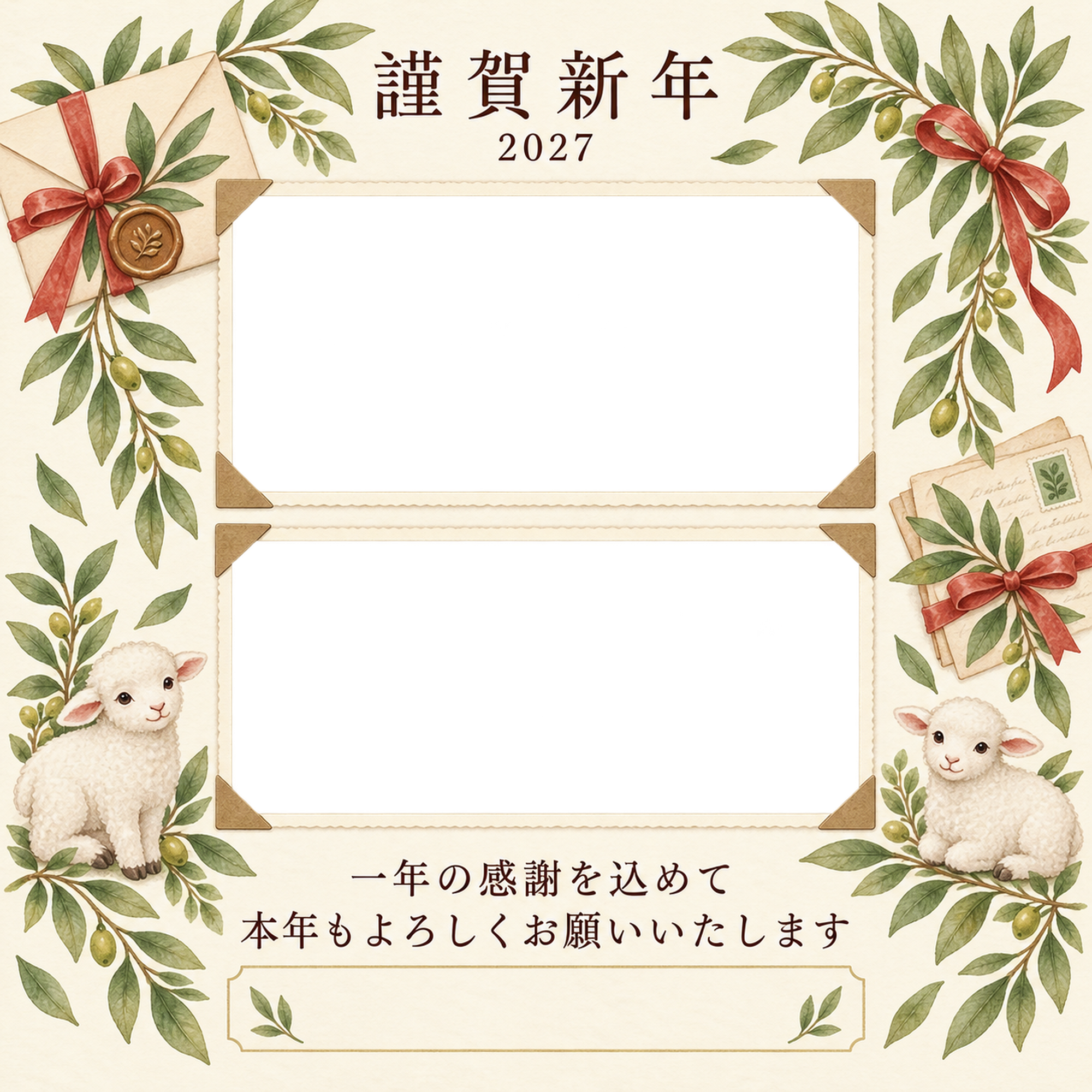 余白を生かす和・手紙の感謝アルバム年賀状｜仕事の一年の無料イラスト素材 99751に写真・文字を入れる