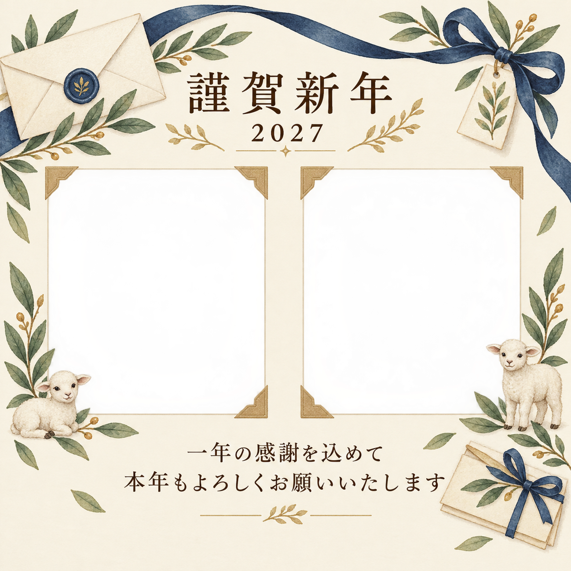 紺色の晴れやかさ・手紙の感謝アルバム年賀状｜仕事の一年の無料イラスト素材 99752に写真・文字を入れる
