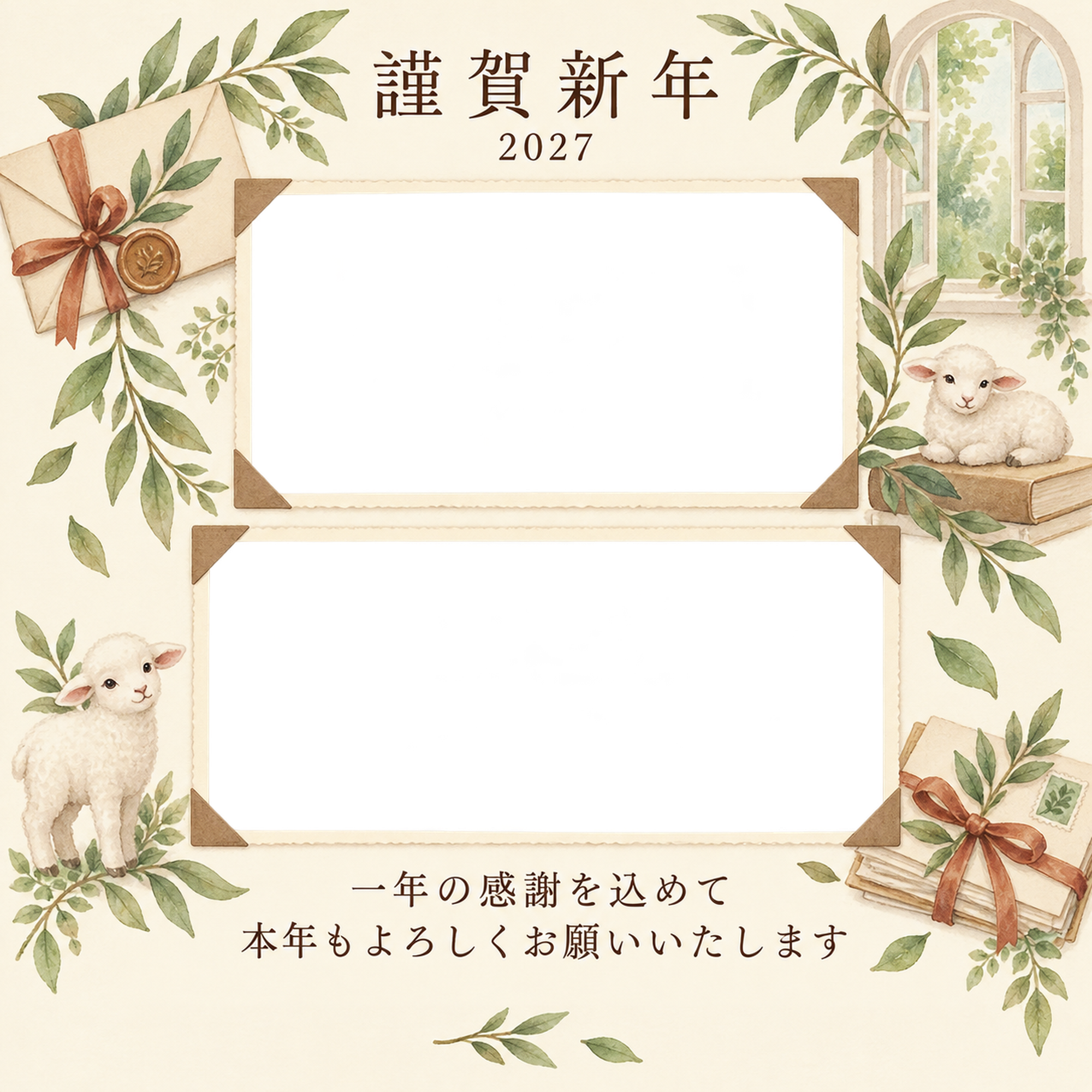 若葉の窓辺・手紙の感謝アルバム年賀状｜仕事の一年の無料イラスト素材 99753に写真・文字を入れる