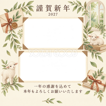若葉の窓辺・手紙の感謝アルバム年賀状｜仕事の一年の無料イラスト素材 99753