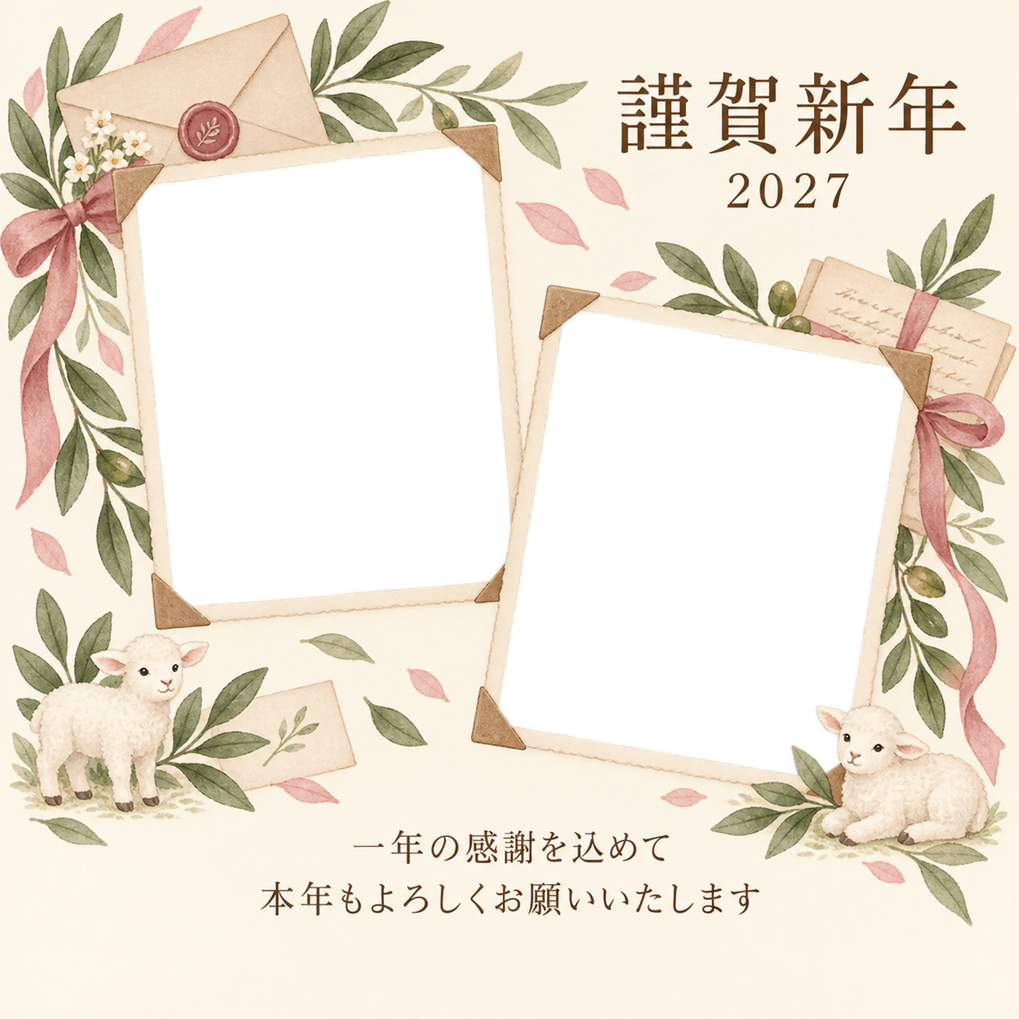 桃色のやさしさ・手紙の感謝アルバム年賀状｜仕事の一年の無料イラスト素材 99754に写真・文字を入れる