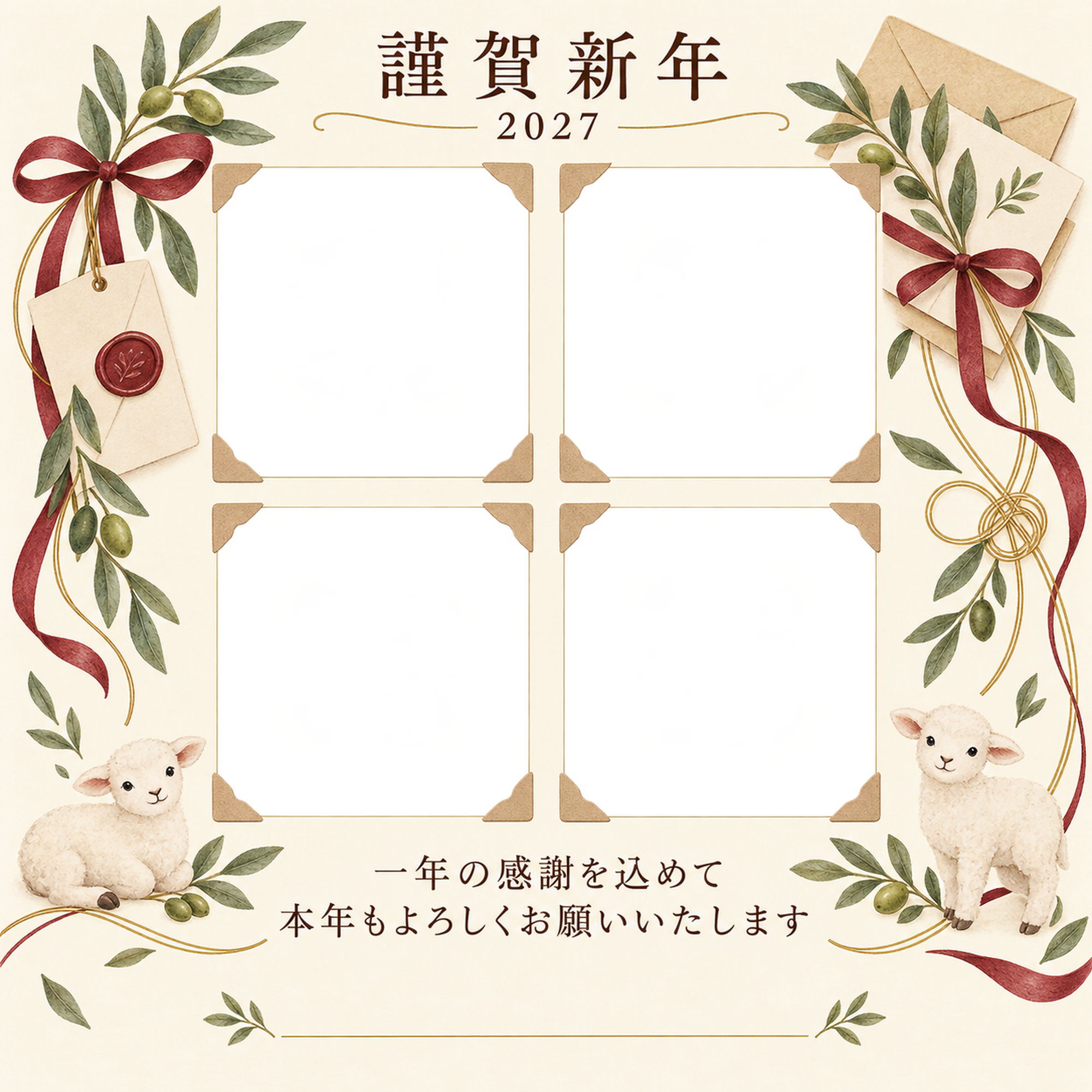 祝う結び目・手紙の感謝アルバム年賀状｜仕事の一年の無料イラスト素材 99758に写真・文字を入れる