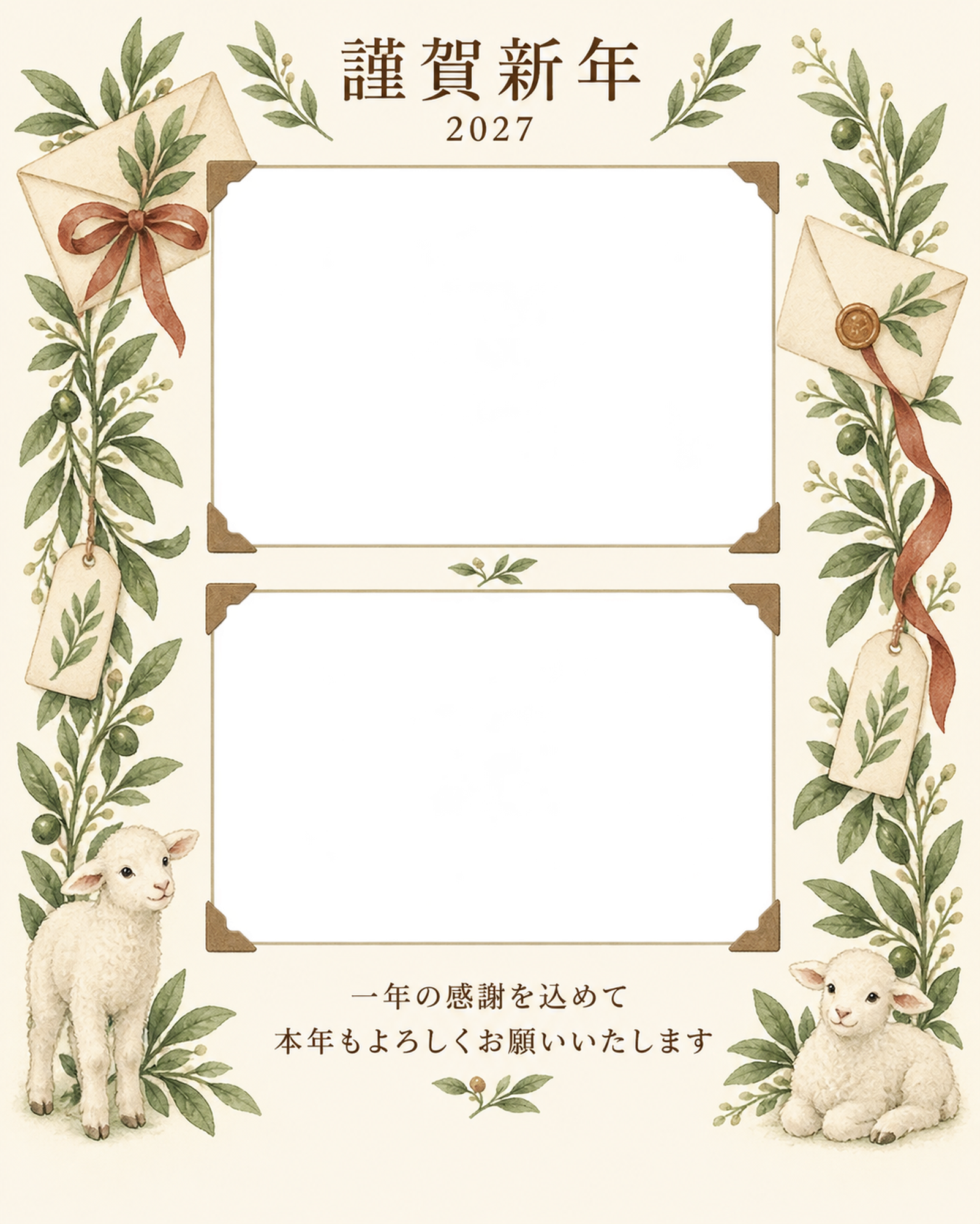縦の植物飾り・手紙の感謝アルバム年賀状｜仕事の一年の無料イラスト素材 99759に写真・文字を入れる