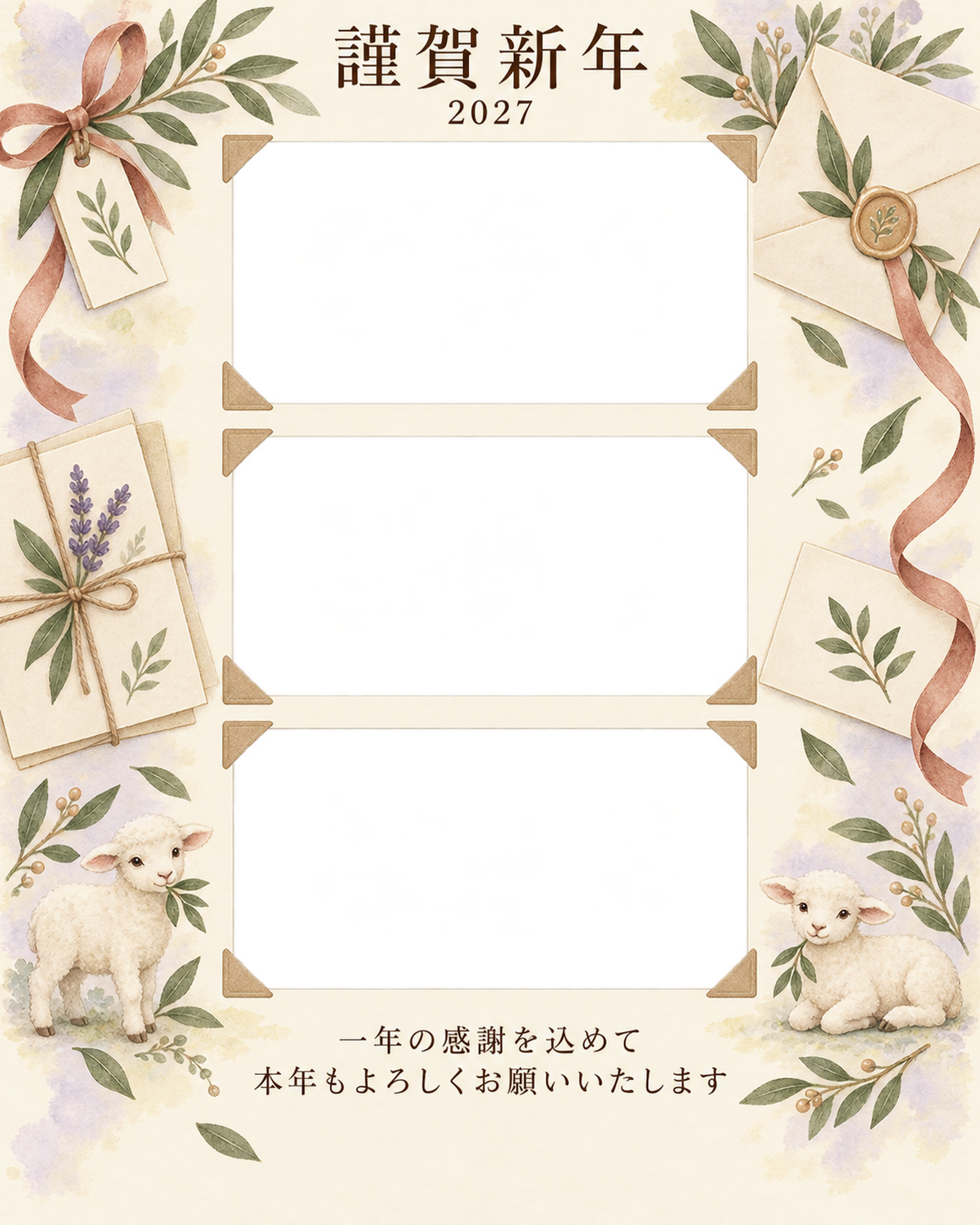 光のご挨拶・手紙の感謝アルバム年賀状｜仕事の一年の無料イラスト素材 99760に写真・文字を入れる