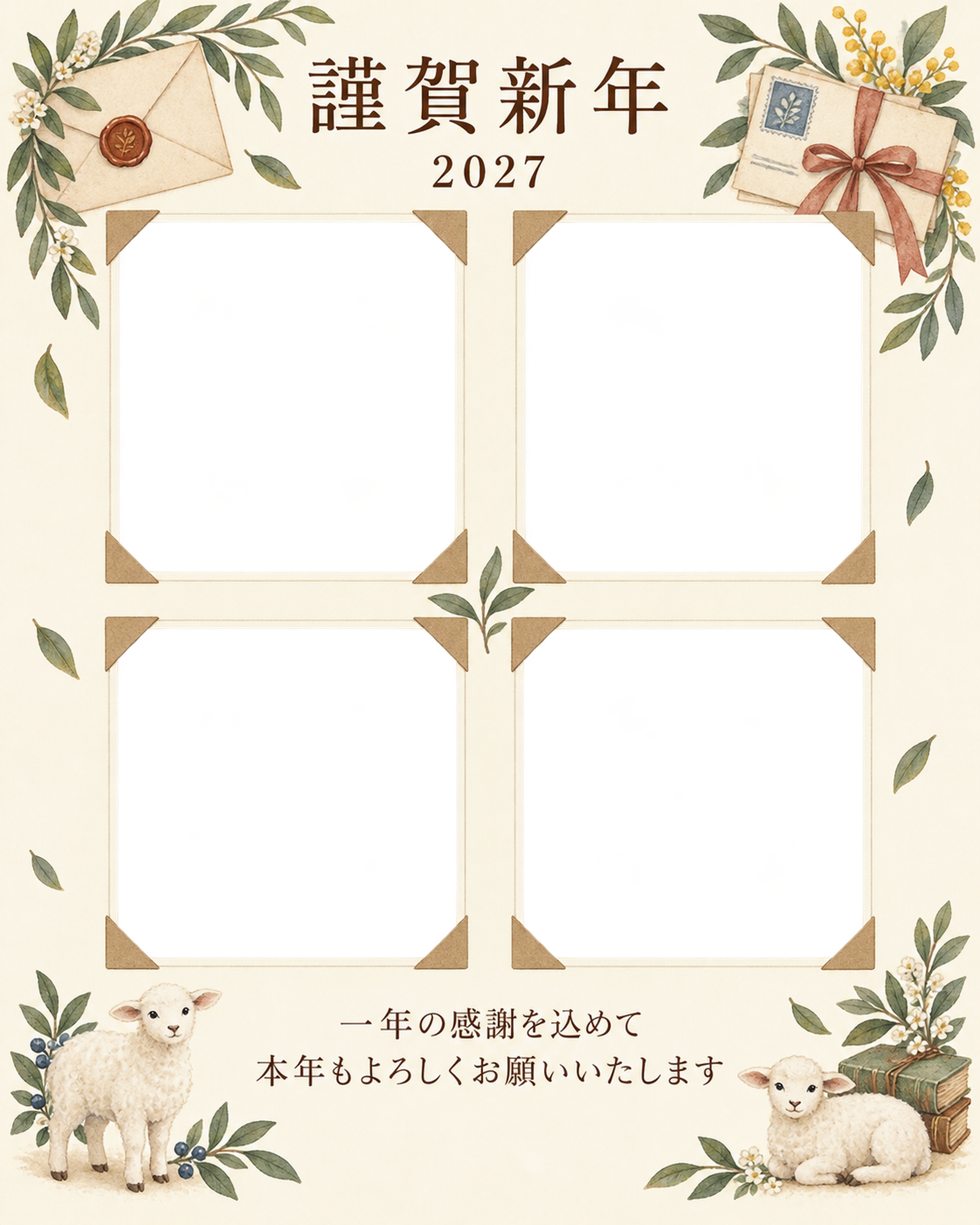 季節をつなぐ・手紙の感謝アルバム年賀状｜仕事の一年の無料イラスト素材 99761に写真・文字を入れる