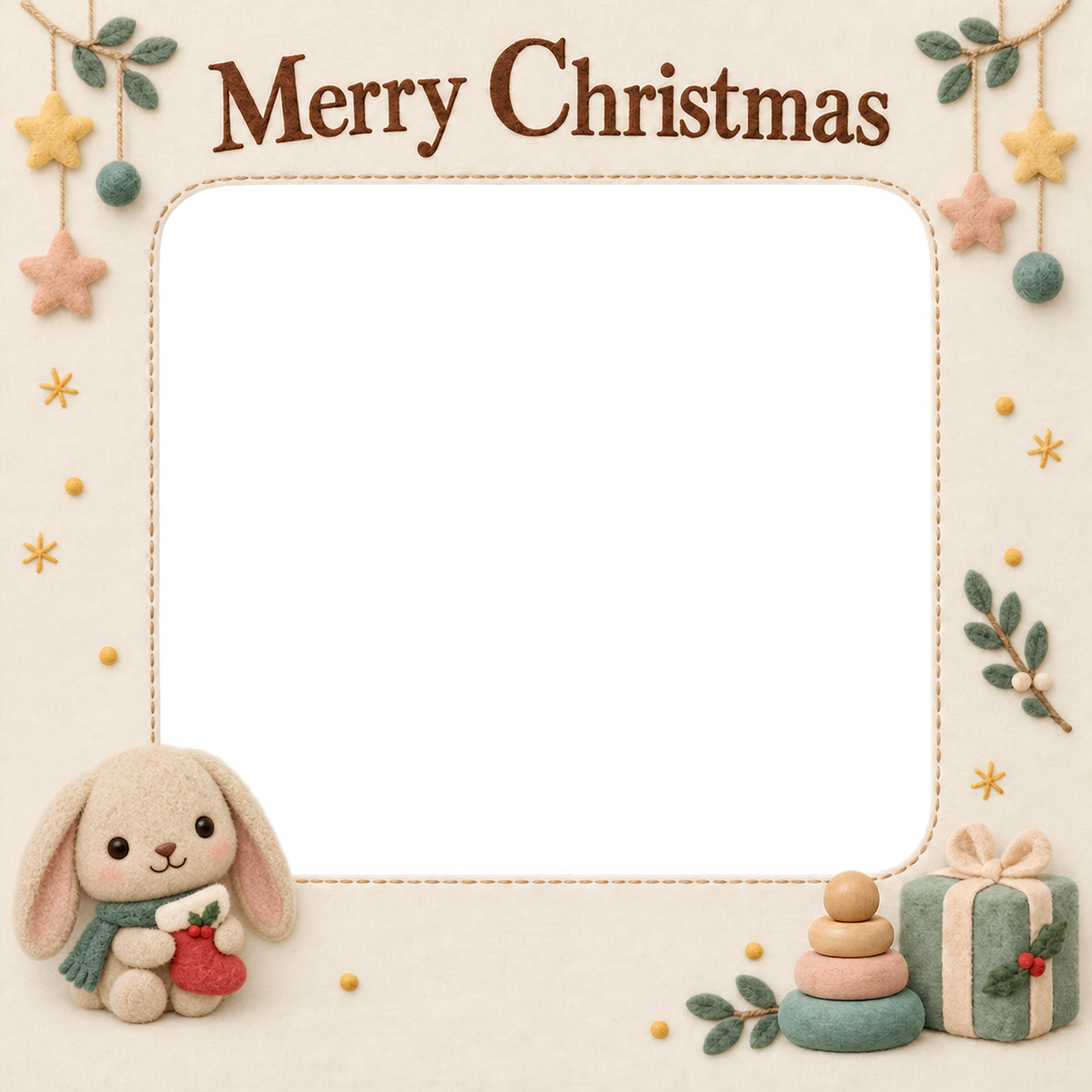 うさぎと小さな靴下の赤ちゃんの初めてのクリスマス写真フレーム｜布のおもちゃ・無料イラスト 99777に写真・文字を入れる