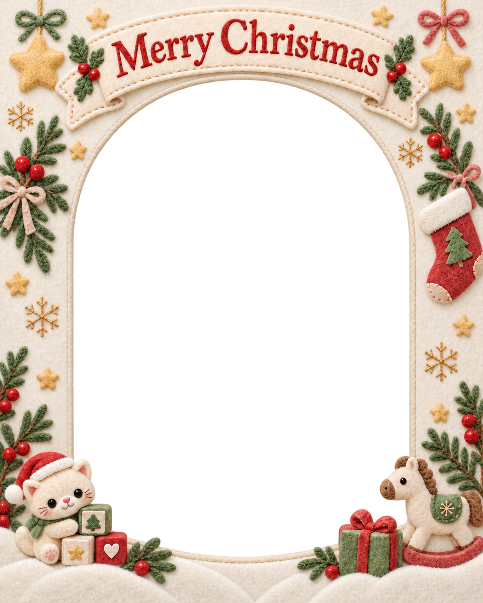 子猫と積み木の赤ちゃんの初めてのクリスマス写真フレーム｜布のおもちゃ・無料イラスト 99778に写真・文字を入れる
