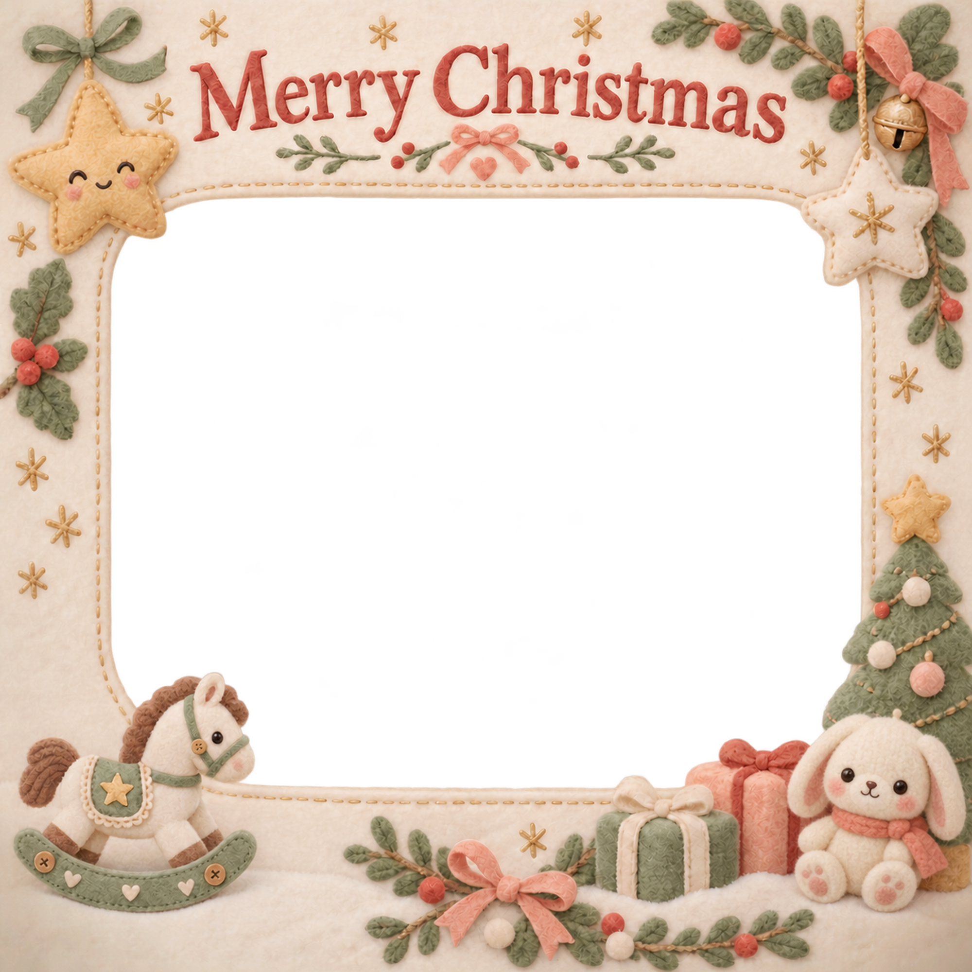 小さな木馬とうさぎの赤ちゃんの初めてのクリスマス写真フレーム｜布のおもちゃ・無料イラスト 99779に写真・文字を入れる