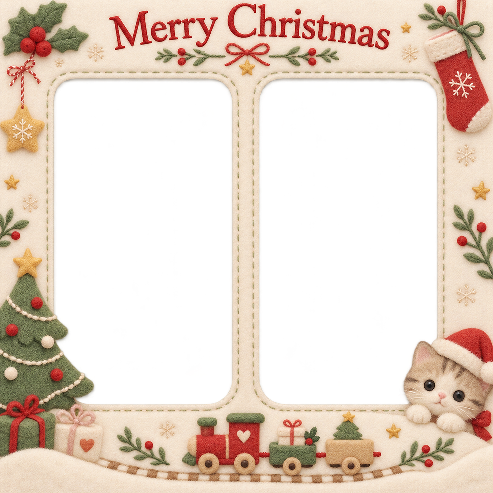 小さな汽車の赤ちゃんの初めてのクリスマス写真フレーム｜布のおもちゃ・無料イラスト 99780に写真・文字を入れる