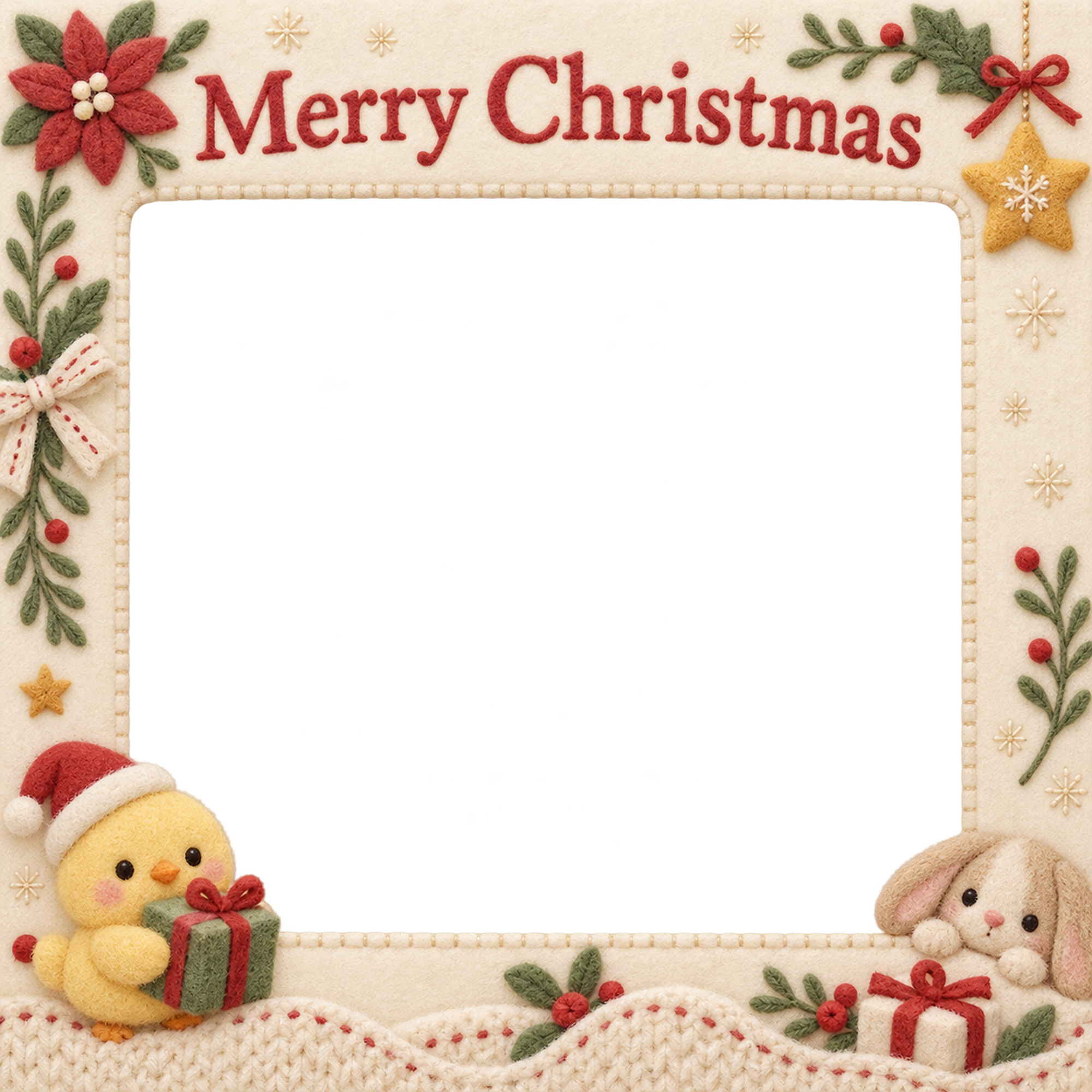 ひよこと贈り物の赤ちゃんの初めてのクリスマス写真フレーム｜布のおもちゃ・無料イラスト 99783に写真・文字を入れる
