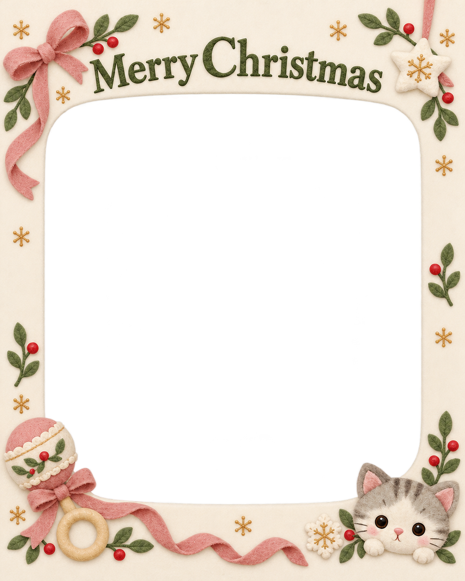ラトルとリボンの赤ちゃんの初めてのクリスマス写真フレーム｜布のおもちゃ・無料イラスト 99786に写真・文字を入れる