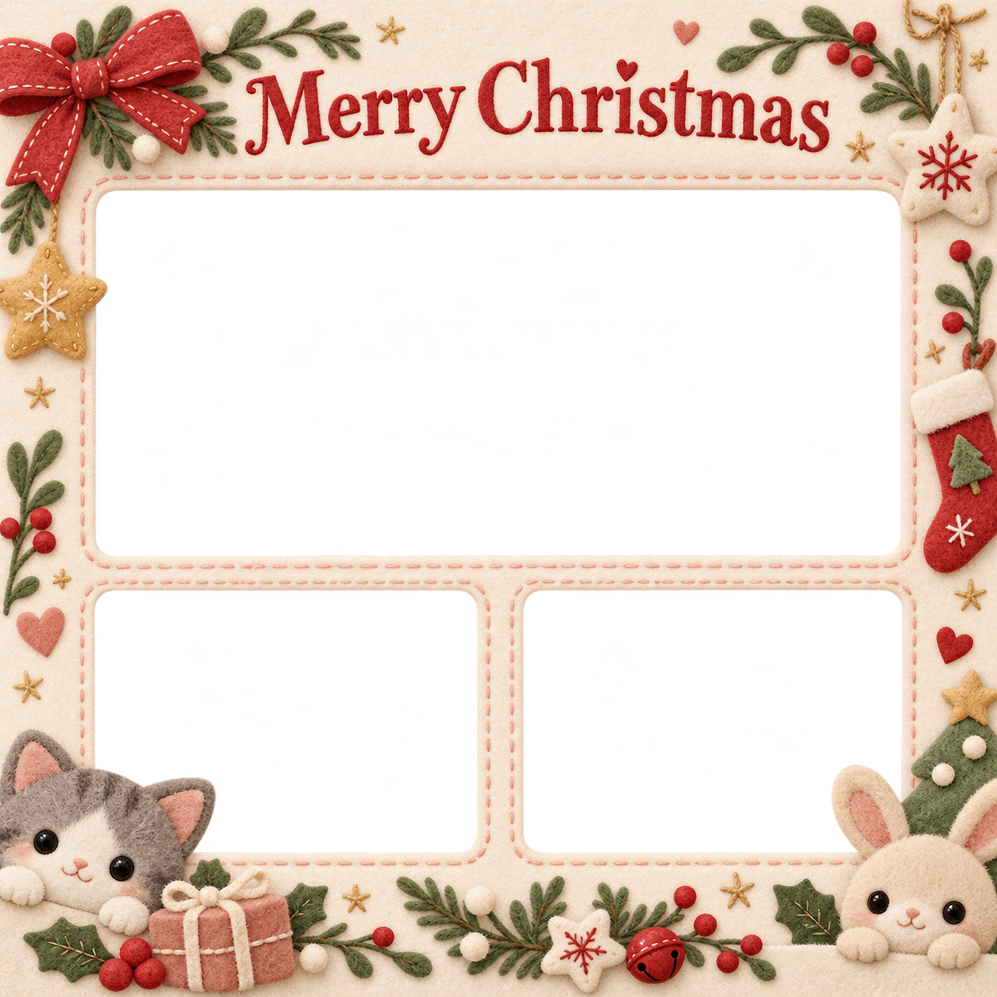 猫とうさぎの思い出アルバムの赤ちゃんの初めてのクリスマス写真フレーム｜布のおもちゃ・無料イラスト 99787に写真・文字を入れる