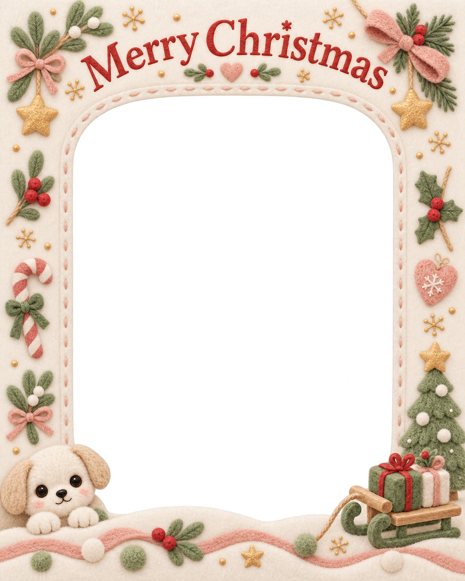 子犬とおもちゃのそりの赤ちゃんの初めてのクリスマス写真フレーム｜布のおもちゃ・無料イラスト 99788に写真・文字を入れる