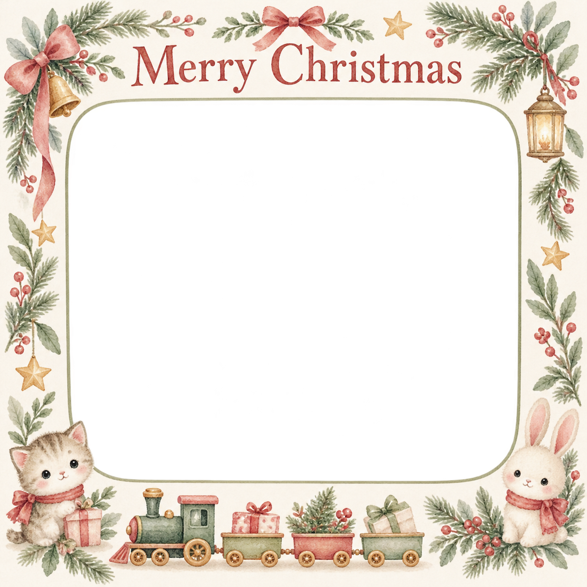 小さな汽車の赤ちゃんの初めてのクリスマス写真フレーム｜やさしい水彩リース・無料イラスト 99790に写真・文字を入れる