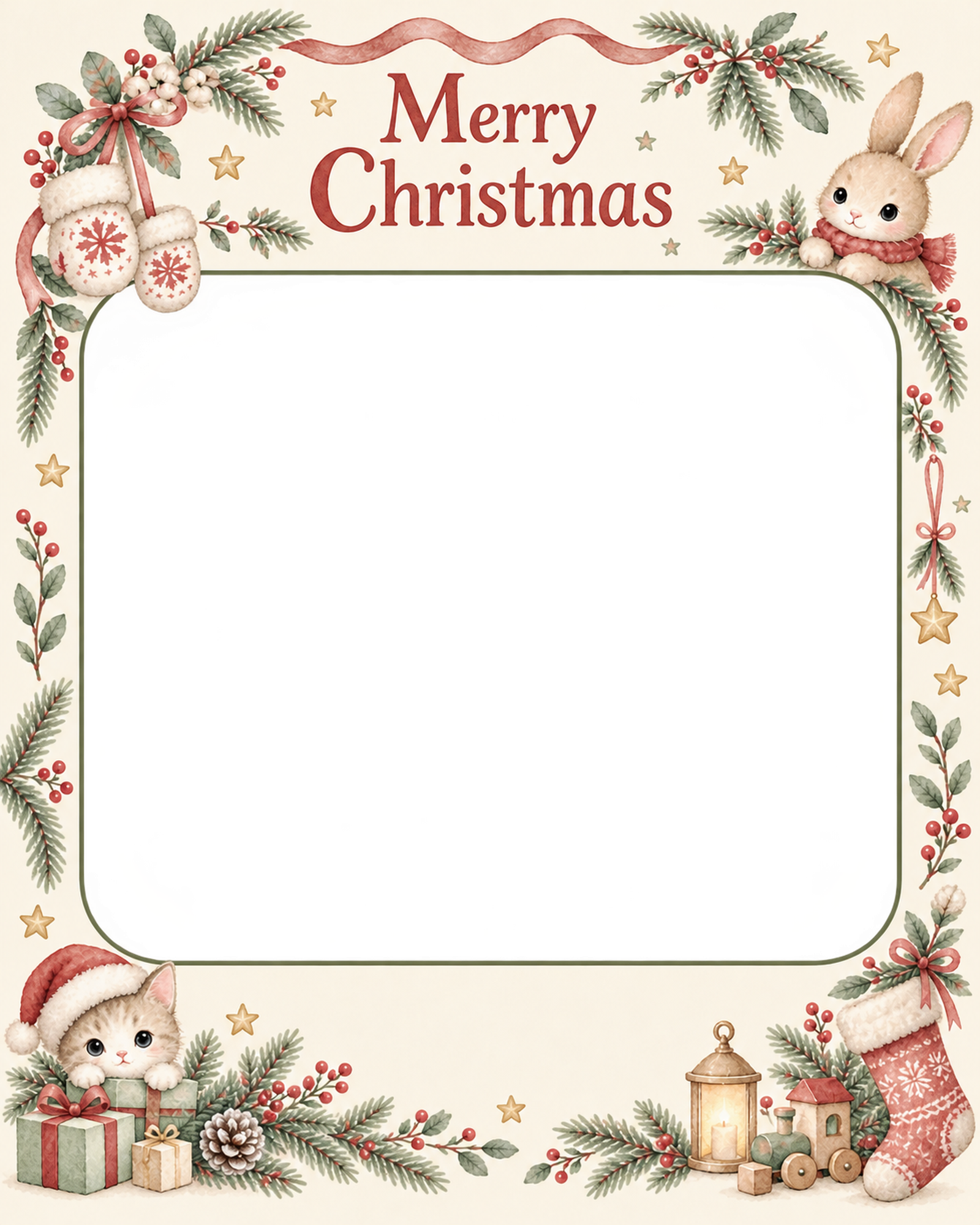 ミトンとくつしたの赤ちゃんの初めてのクリスマス写真フレーム｜やさしい水彩リース・無料イラスト 99791に写真・文字を入れる