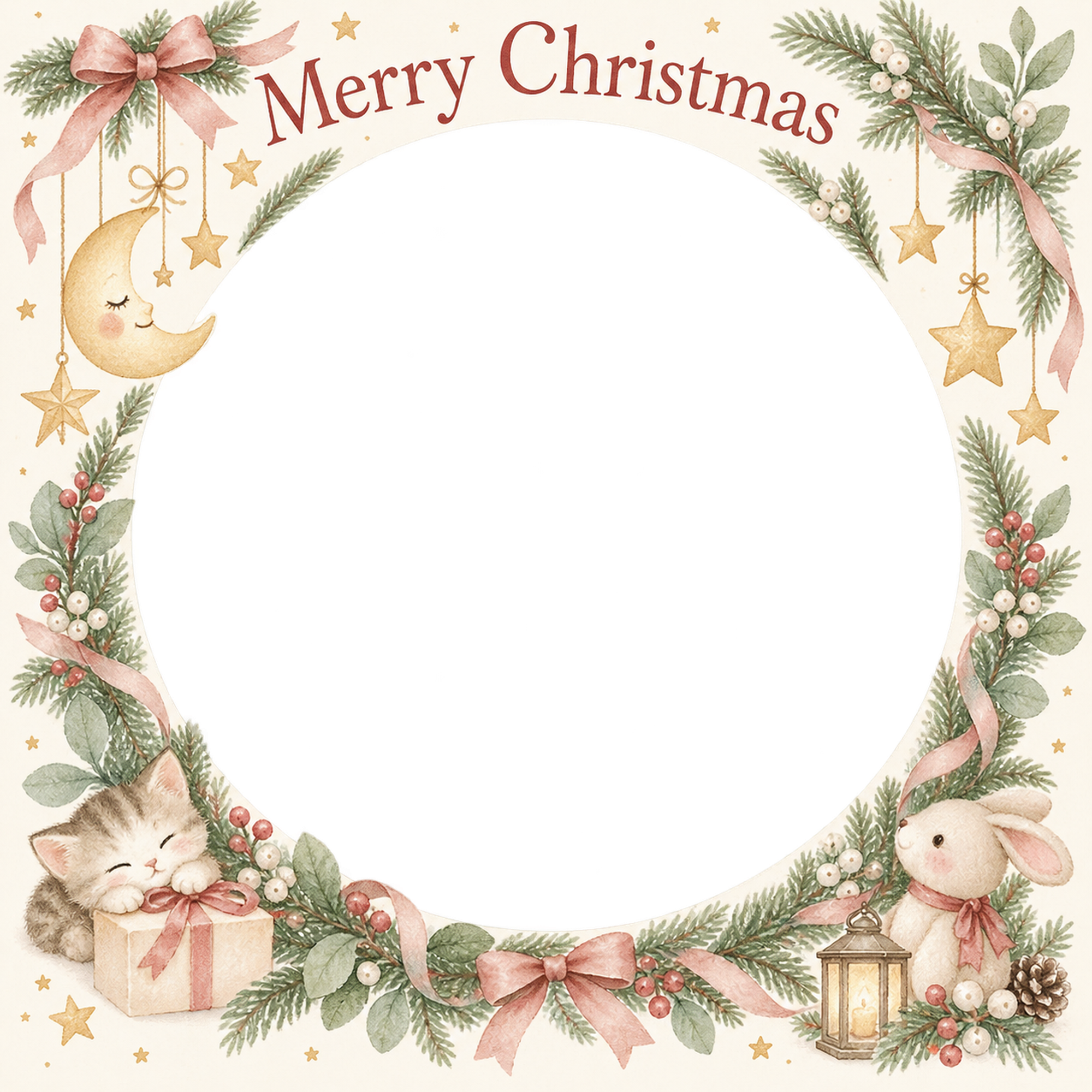 月と星のモビールの赤ちゃんの初めてのクリスマス写真フレーム｜やさしい水彩リース・無料イラスト 99792に写真・文字を入れる