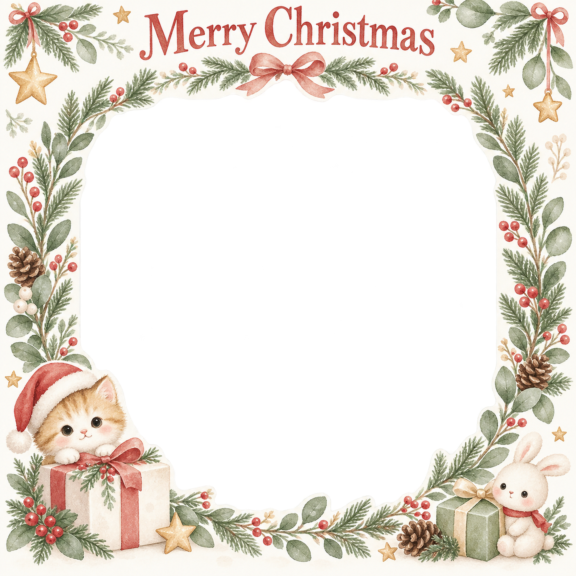子猫と贈り物の赤ちゃんの初めてのクリスマス写真フレーム｜やさしい水彩リース・無料イラスト 99793に写真・文字を入れる