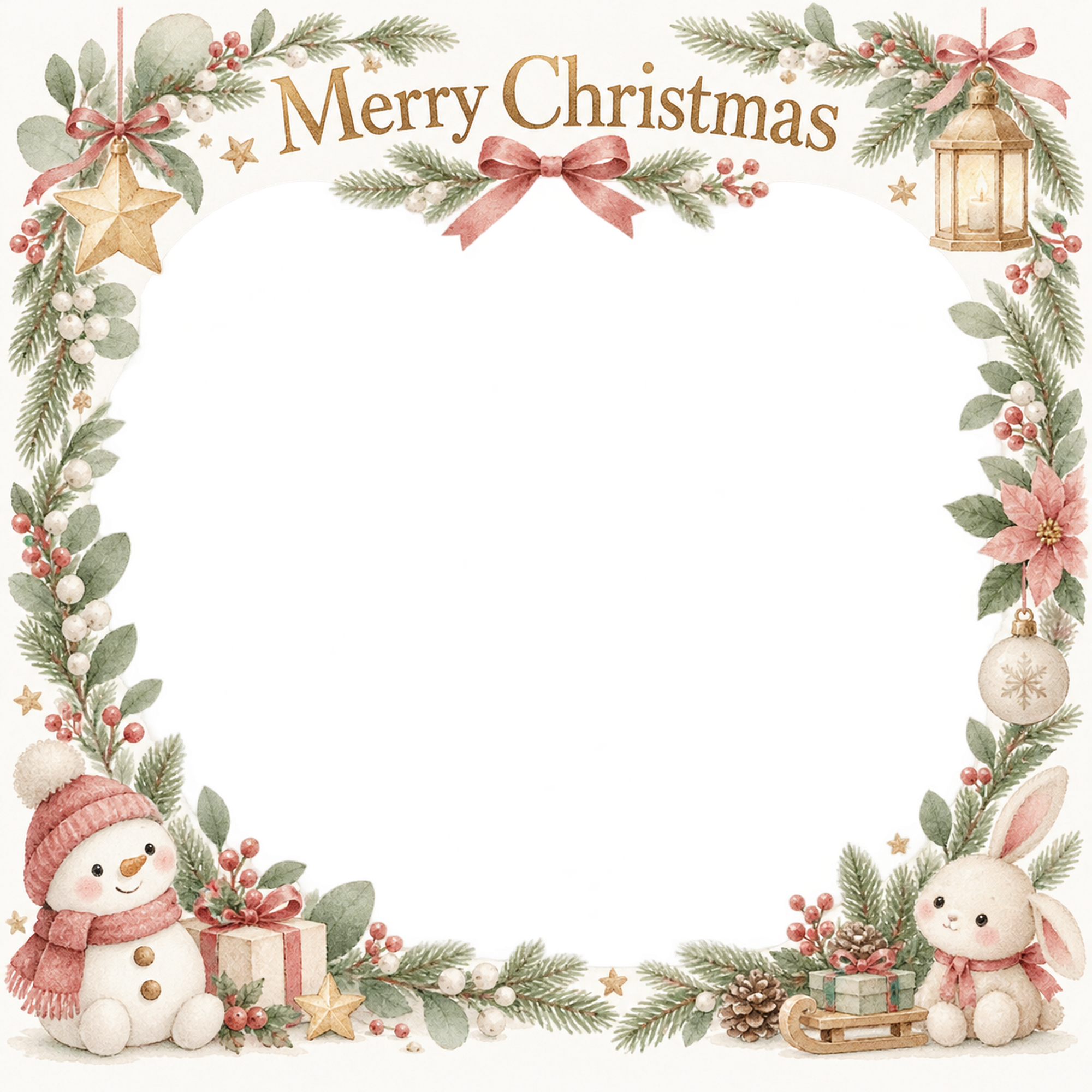 ゆきだるまのおもちゃの赤ちゃんの初めてのクリスマス写真フレーム｜やさしい水彩リース・無料イラスト 99794に写真・文字を入れる