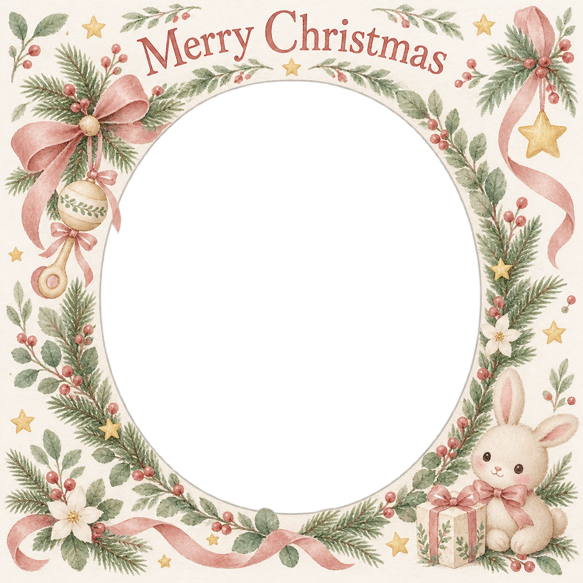 ラトルとリボンの赤ちゃんの初めてのクリスマス写真フレーム｜やさしい水彩リース・無料イラスト 99796に写真・文字を入れる