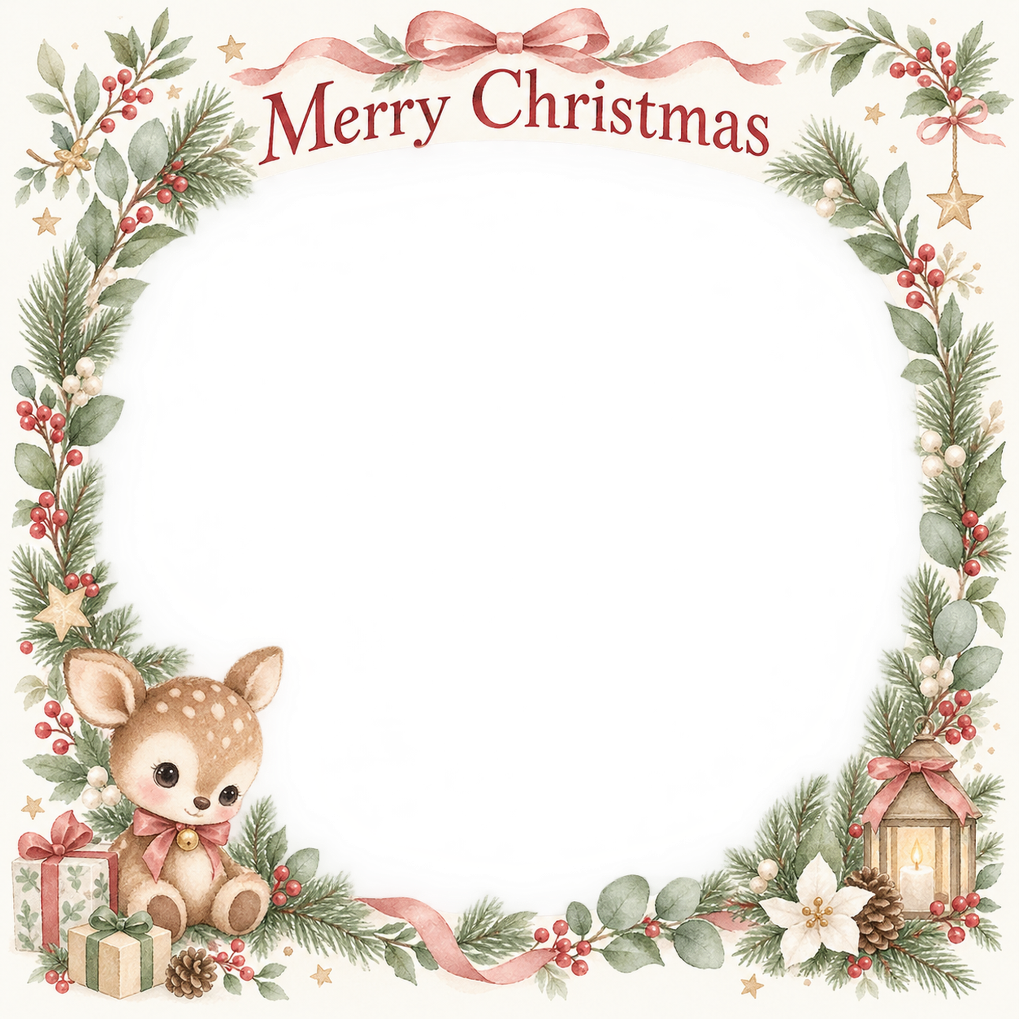 子鹿のぬいぐるみの赤ちゃんの初めてのクリスマス写真フレーム｜やさしい水彩リース・無料イラスト 99797に写真・文字を入れる