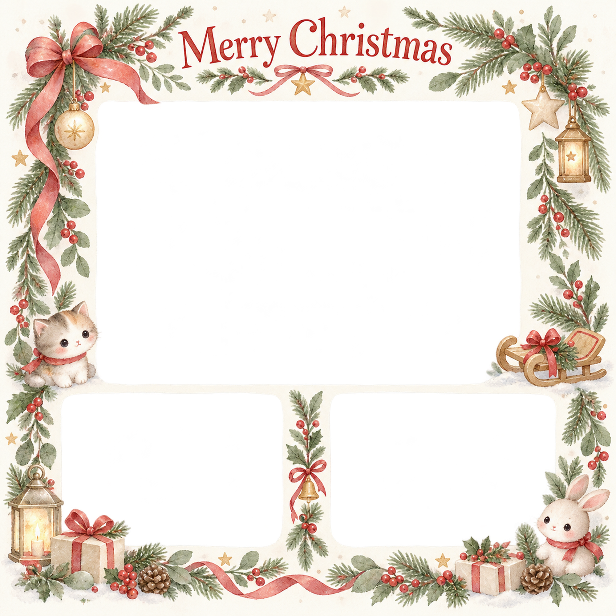 おもちゃのそりの赤ちゃんの初めてのクリスマス写真フレーム｜やさしい水彩リース・無料イラスト 99798に写真・文字を入れる