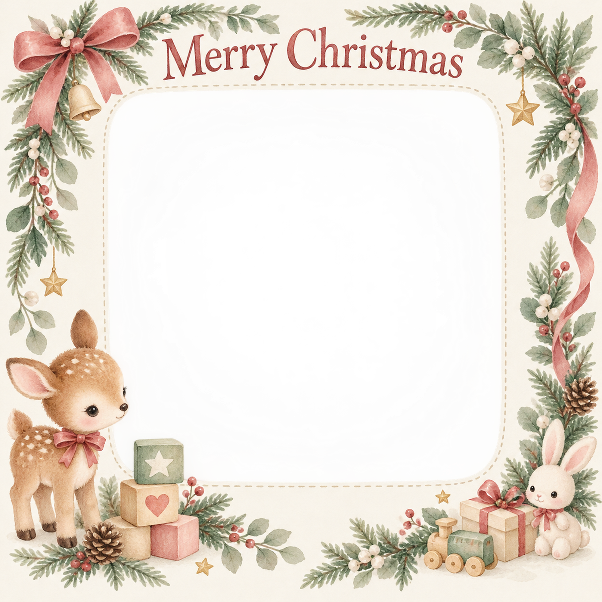 子鹿と積み木の赤ちゃんの初めてのクリスマス写真フレーム｜やさしい水彩リース・無料イラスト 99800に写真・文字を入れる