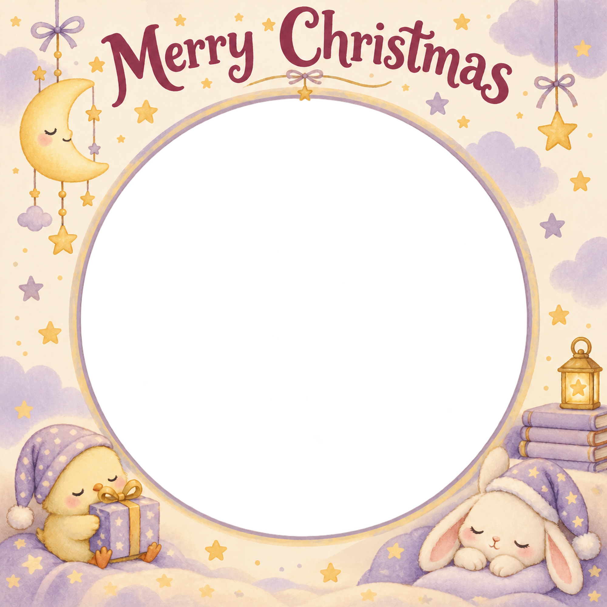 ひよこと贈り物の赤ちゃんの初めてのクリスマス写真フレーム｜おやすみ絵本・無料イラスト 99803に写真・文字を入れる