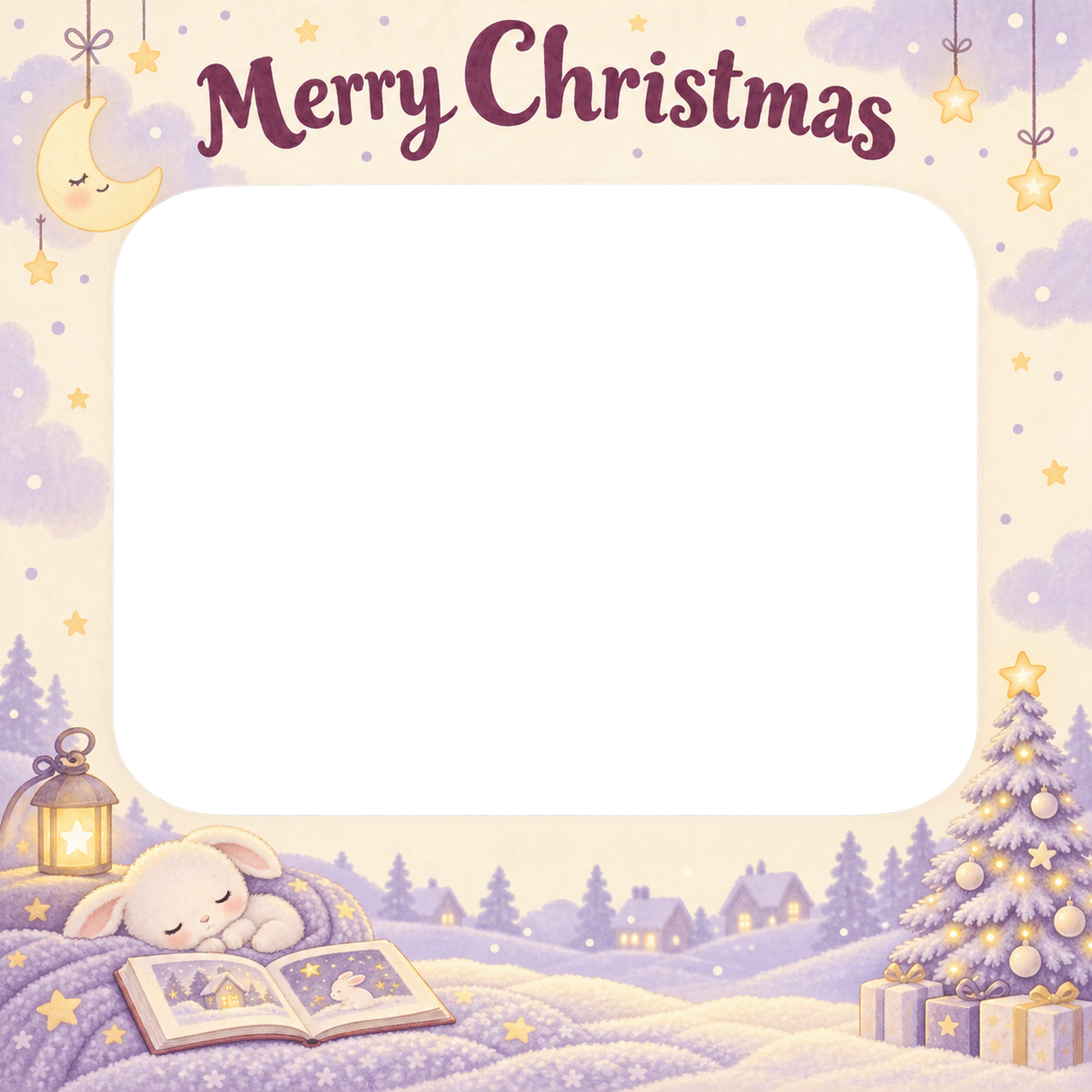 ふわふわのツリーの赤ちゃんの初めてのクリスマス写真フレーム｜おやすみ絵本・無料イラスト 99805に写真・文字を入れる