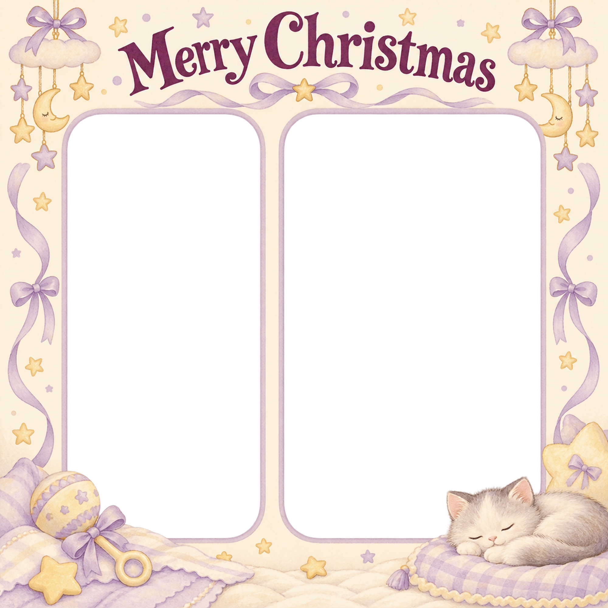 ラトルとリボンの赤ちゃんの初めてのクリスマス写真フレーム｜おやすみ絵本・無料イラスト 99806に写真・文字を入れる