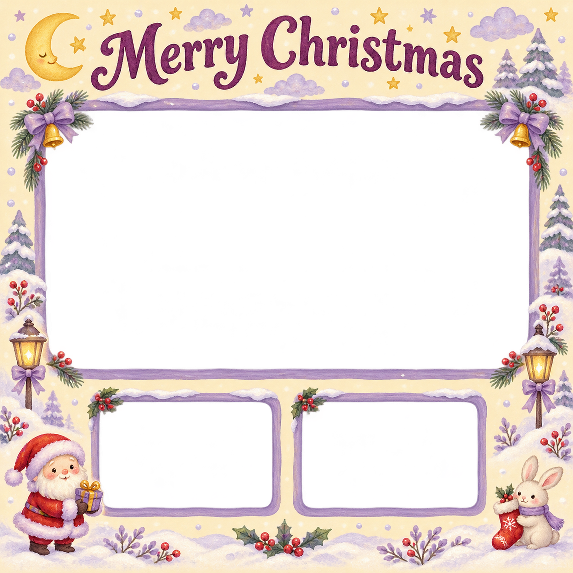 サンタとうさぎの靴下の赤ちゃんの初めてのクリスマス写真フレーム｜おやすみ絵本・無料イラスト 99809に写真・文字を入れる