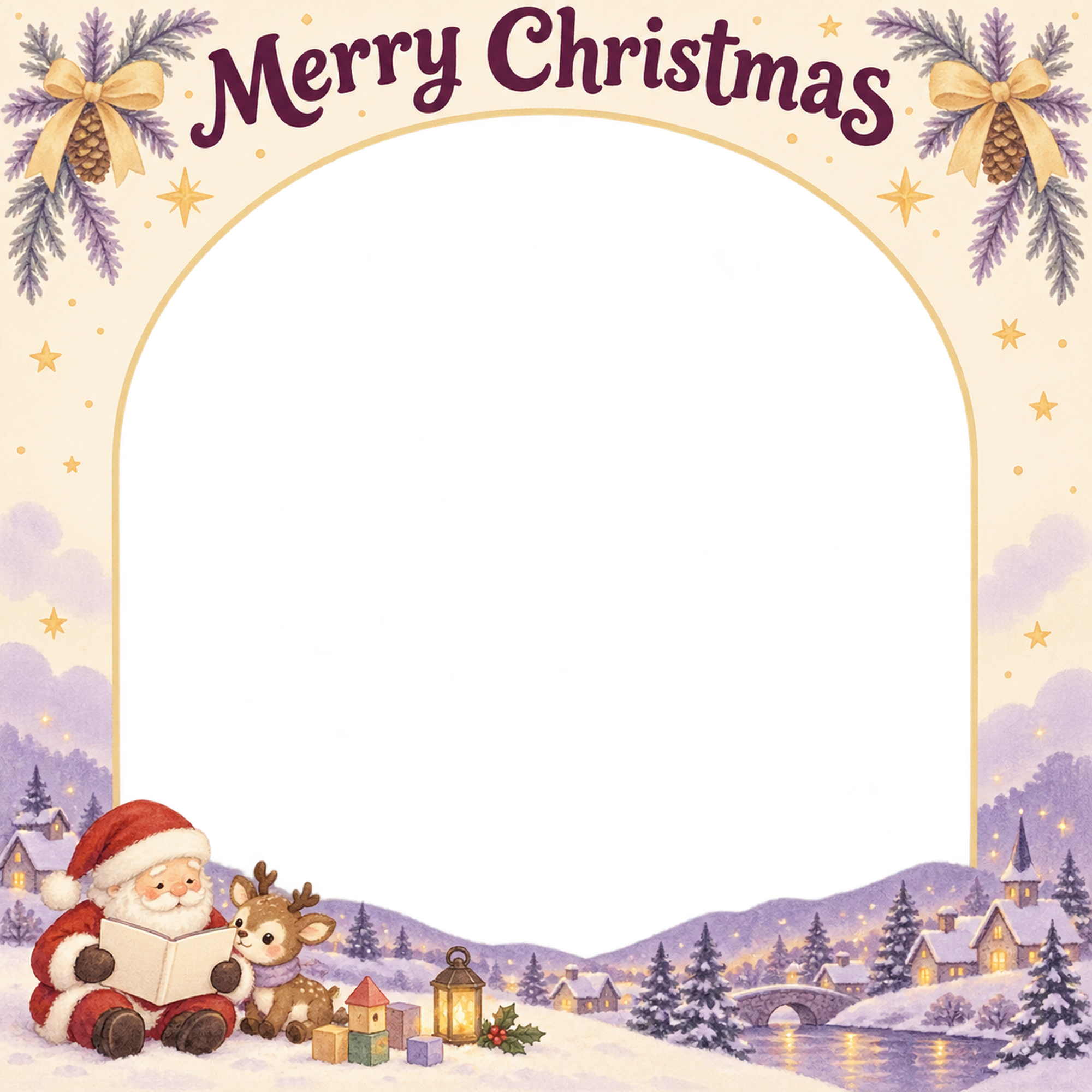 サンタと子鹿の読み聞かせの赤ちゃんの初めてのクリスマス写真フレーム｜おやすみ絵本・無料イラスト 99810に写真・文字を入れる