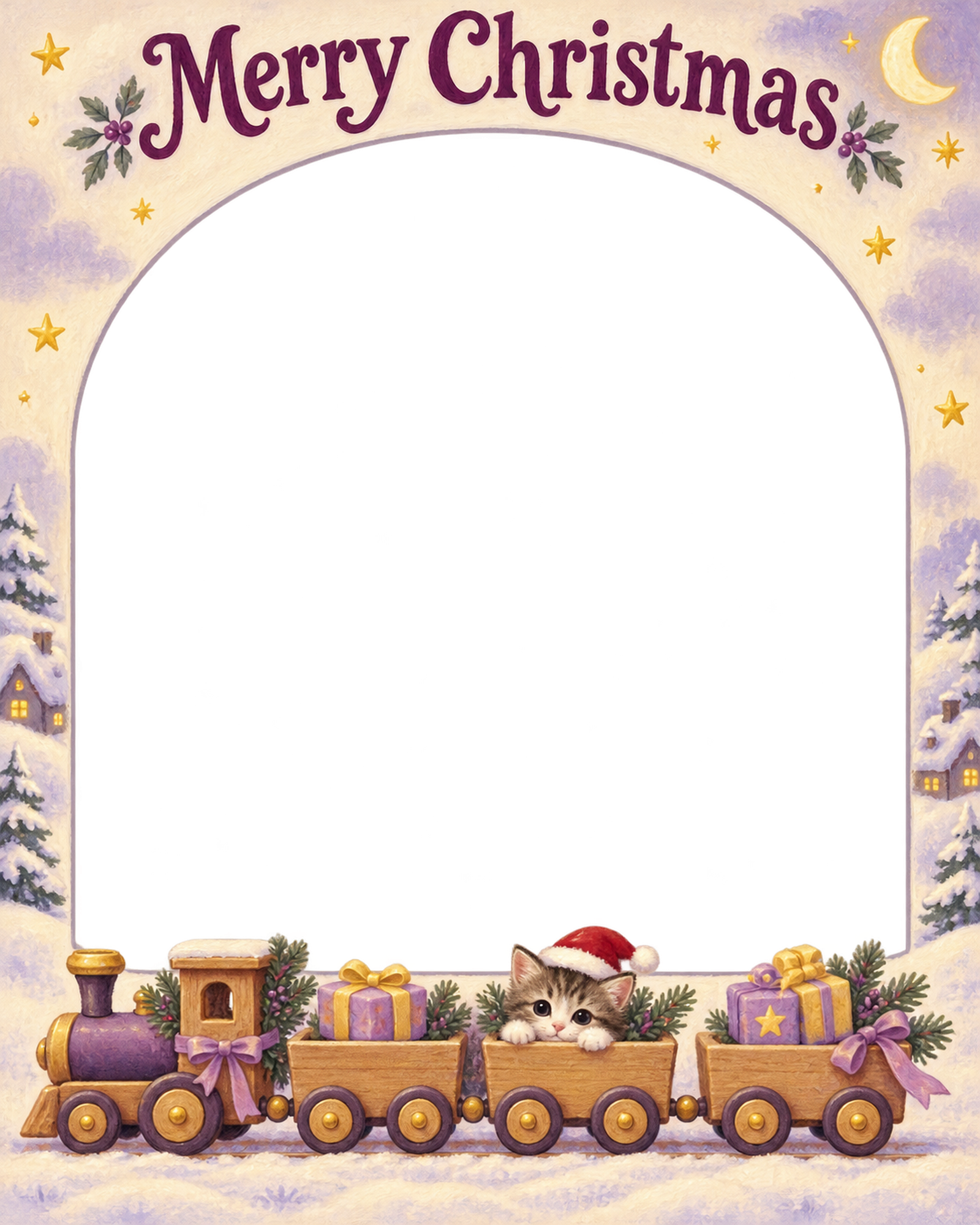 小さな汽車の赤ちゃんの初めてのクリスマス写真フレーム｜おやすみ絵本・無料イラスト 99812に写真・文字を入れる