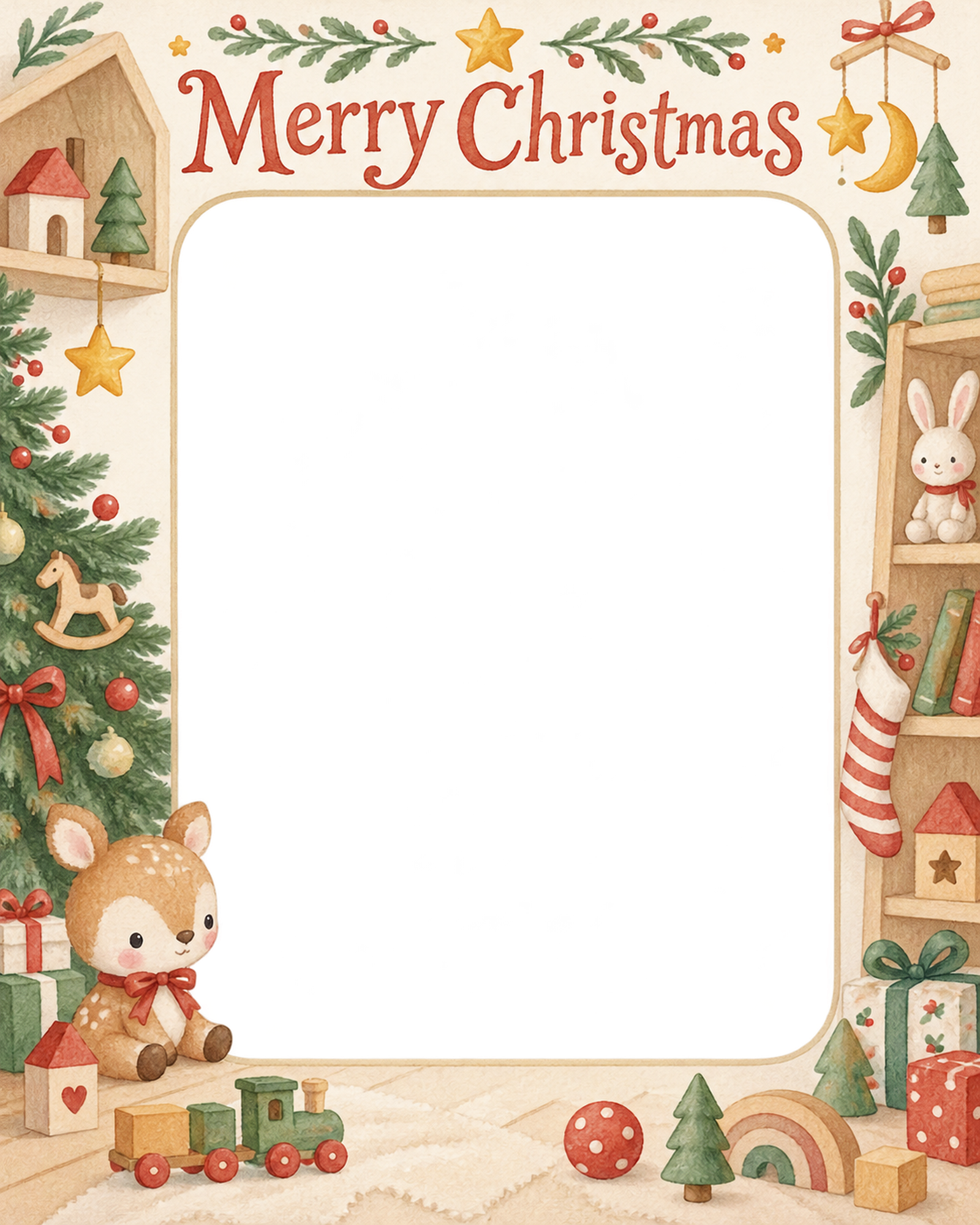 子鹿のぬいぐるみの赤ちゃんの初めてのクリスマス写真フレーム｜木のおもちゃの部屋・無料イラスト 99817に写真・文字を入れる