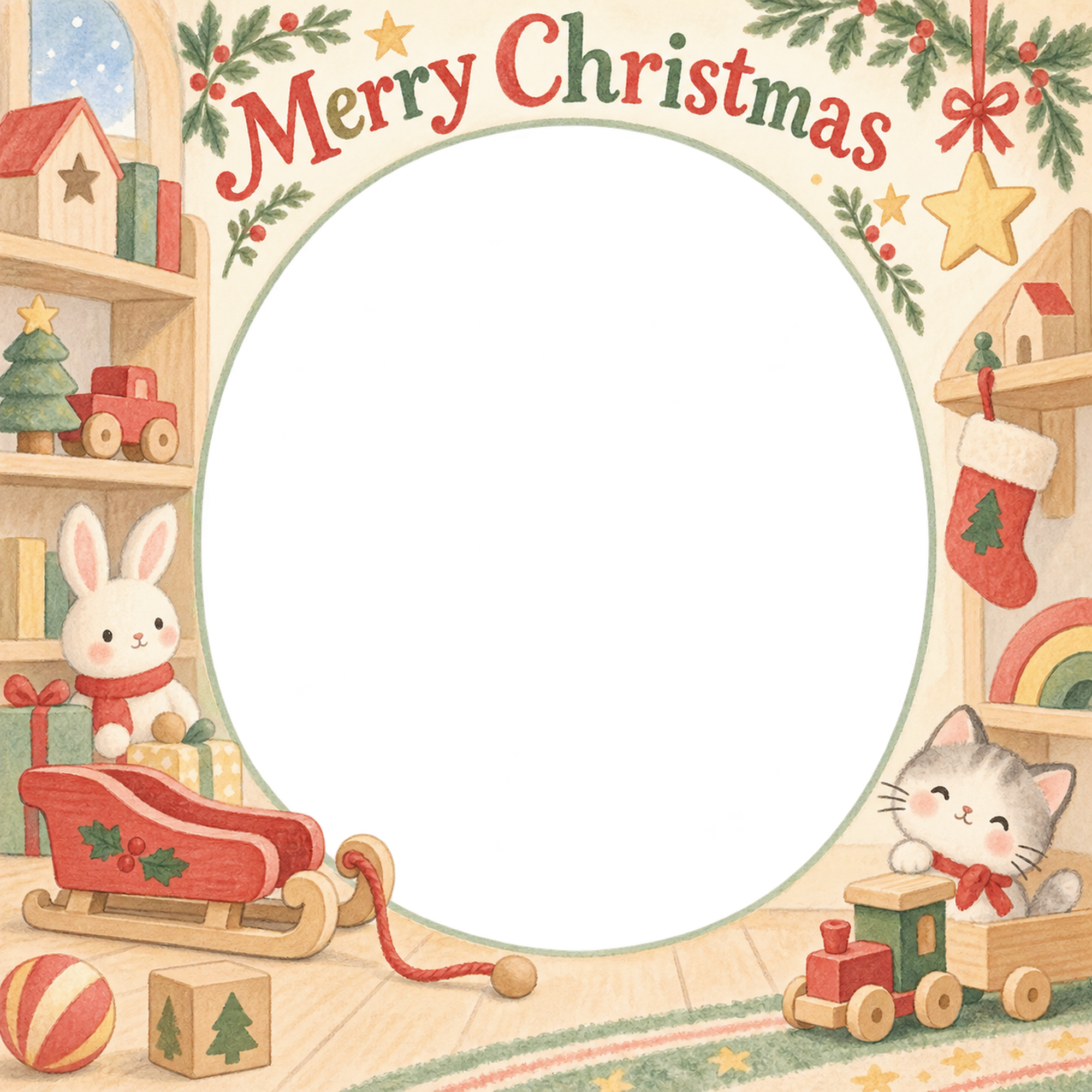 おもちゃのそりの赤ちゃんの初めてのクリスマス写真フレーム｜木のおもちゃの部屋・無料イラスト 99818に写真・文字を入れる