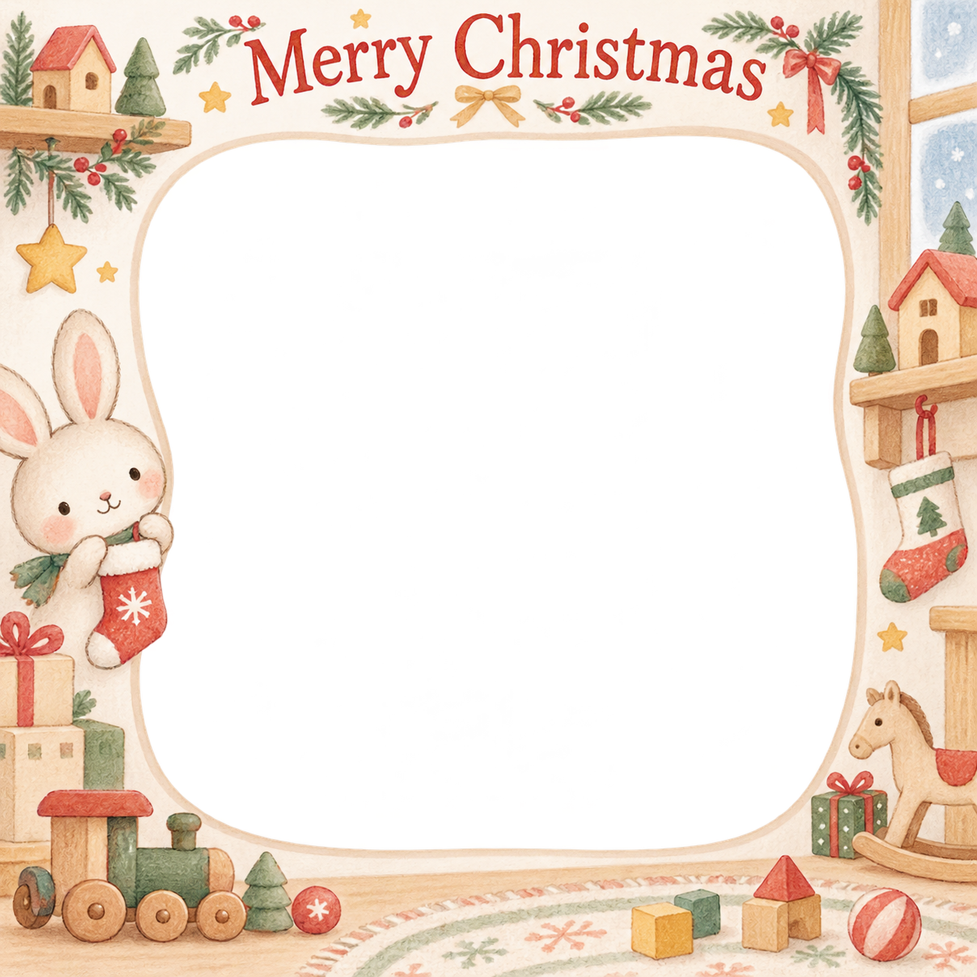 うさぎと小さな靴下の赤ちゃんの初めてのクリスマス写真フレーム｜木のおもちゃの部屋・無料イラスト 99819に写真・文字を入れる